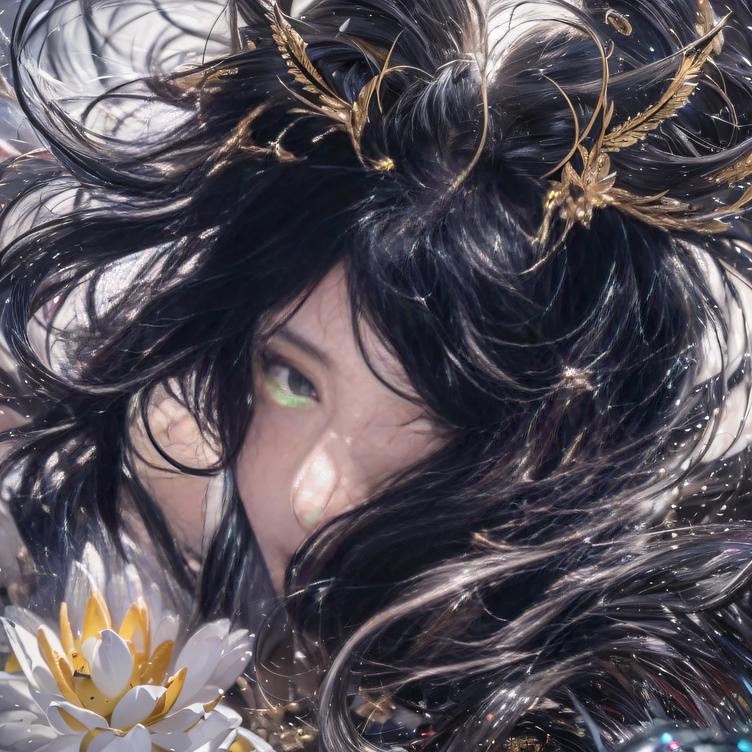 32K（tmasterpiece，k hd，hyper HD，32K）Long flowing black hair，ponds，zydink， a color，  Asian people （Silly girl）， （Silk scarf）， Combat posture， looking at the ground， long whitr hair， Floating hair， Python headdress， Chinese long-sleeved clothing， （abstract ink splash：1.2）， white backgrounid，Lotus Protector（realisticlying：1.4），Black color hair，Snowflakes fluttering，The background is pure， A high resolution， the detail， RAW photogr， Sharp Re， Nikon D850 Film Stock Photo by Jefferies Lee 4 Kodak Portra 400 Camera F1.6 shots, Rich colors, ultra-realistic vivid textures, Dramatic lighting, Unreal Engine Art Station Trend, cinestir 800，Long flowing black hair