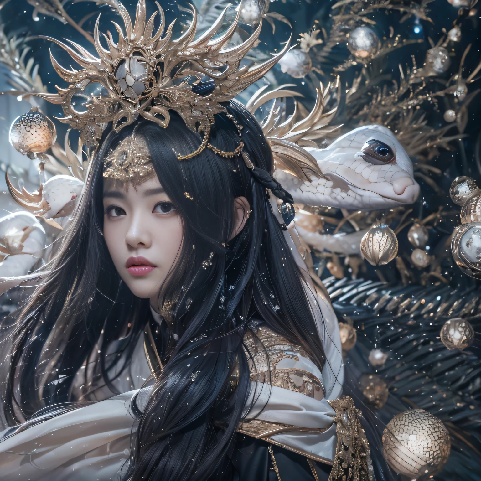 32K（tmasterpiece，k hd，hyper HD，32K）Long flowing black hair，ponds，zydink， a color，  Asian people （Silly girl）， （Silk scarf）， Combat posture， looking at the ground， long whitr hair， Floating hair， Python headdress， Chinese long-sleeved clothing， （abstract ink splash：1.2）， white backgrounid，Lotus Protector（realisticlying：1.4），Black color hair，Snowflakes fluttering，The background is pure， A high resolution， the detail， RAW photogr， Sharp Re， Nikon D850 Film Stock Photo by Jefferies Lee 4 Kodak Portra 400 Camera F1.6 shots, Rich colors, ultra-realistic vivid textures, Dramatic lighting, Unreal Engine Art Station Trend, cinestir 800，Long flowing black hair