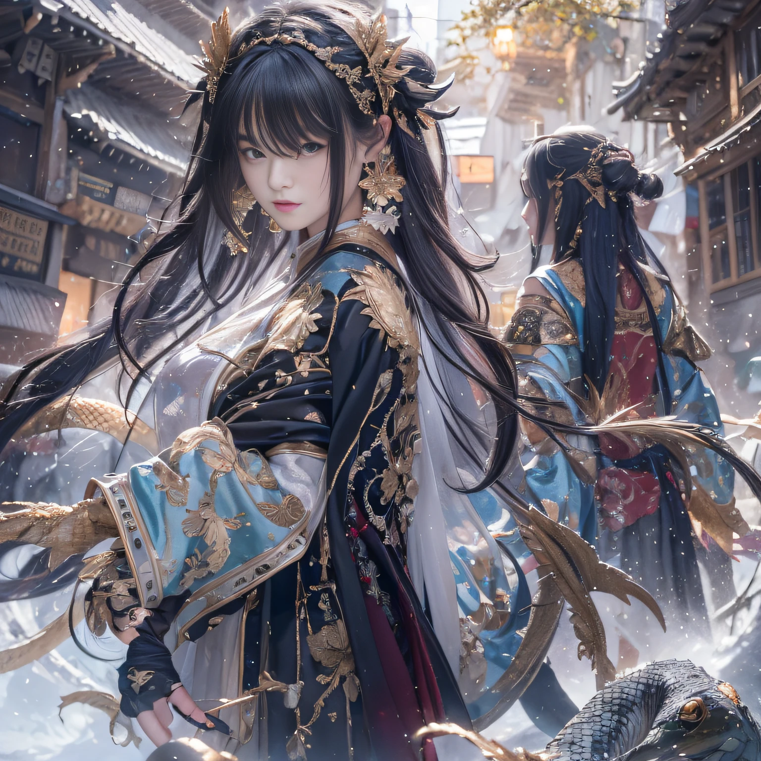 32K（tmasterpiece，k hd，hyper HD，32K）Long flowing black hair，ponds，zydink， a color，  Asian people （Silly girl）， （Silk scarf）， Combat posture， looking at the ground， long whitr hair， Floating hair， Python headdress， Chinese long-sleeved clothing， （abstract ink splash：1.2）， white backgrounid，Lotus Protector（realisticlying：1.4），Black color hair，Snowflakes fluttering，The background is pure， A high resolution， the detail， RAW photogr， Sharp Re， Nikon D850 Film Stock Photo by Jefferies Lee 4 Kodak Portra 400 Camera F1.6 shots, Rich colors, ultra-realistic vivid textures, Dramatic lighting, Unreal Engine Art Station Trend, cinestir 800，Long flowing black hair