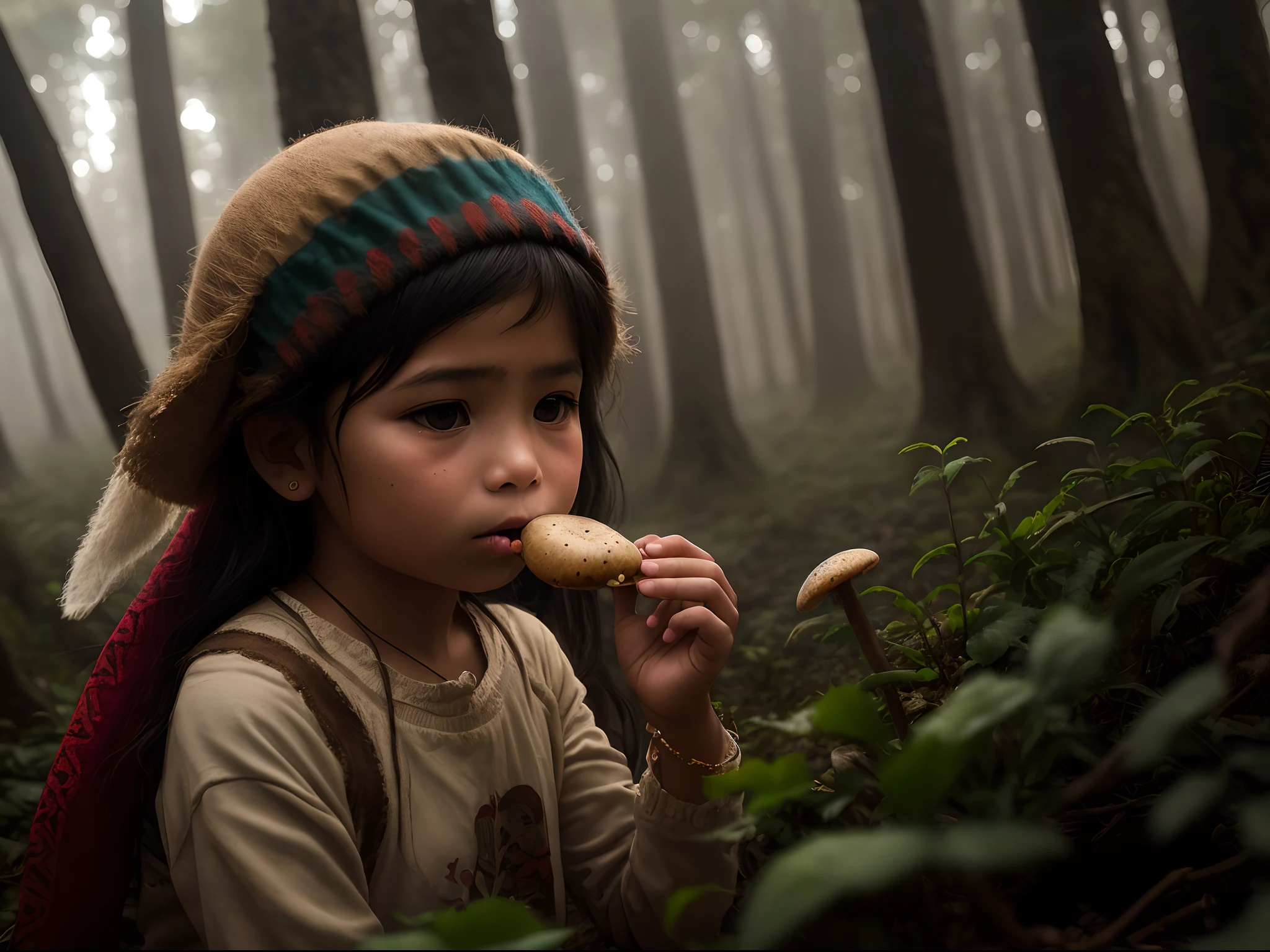 1 little mexican indigenous etnic girl () , wearing no hat, very poor and hungry, eating little mushrooms in a foggy forest, natural sunlight, Dutch angle, depth of field, bokeh --ar 1:2, soft light, magical and fairy environment.