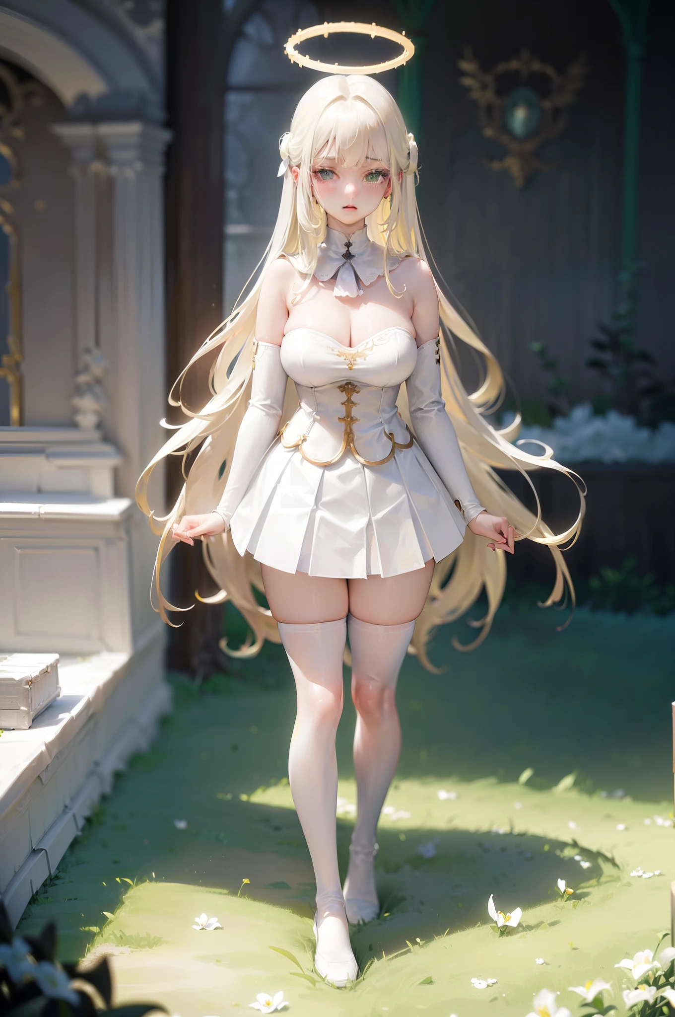 cleavage,((blonde hair)), ((long hair)), ((white mini skirt)), ((pleated skirt)), ((showing white underwear:1.5)), ((white corset)),((breastplate)), ((8K)), ((masterpiece)), ((wing)),((halo)),((big breast)),(()),((lily)),((full body)), ((green eyes)), ((light smile)),((scenery)), ((1 girl)), ((detailed)), ((moody lighting)), ((depth of field)),((standing))