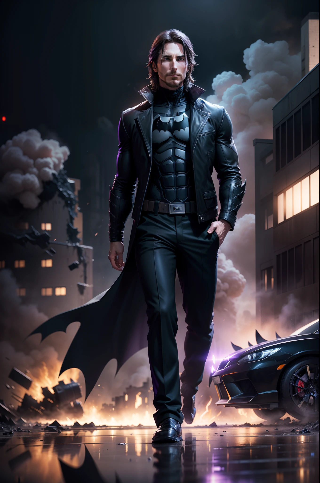 Christian Bale dressed in jacket and pants reminiscent of the batman costume with iconic batman logo, batmobile, explosions, destroyed buildings collapsed, rising smoke, purple flames, reflected purple and blue lights, realistic, photography, Canon Eos R6