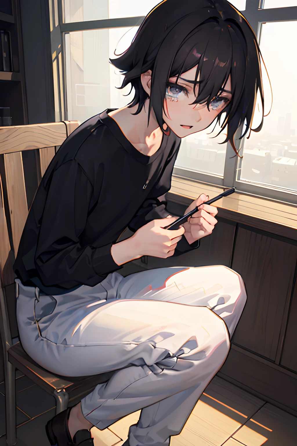 Libido boy，By bangs，brunette color hair，Black shirt，Hair between both eyes，looking at viewert，malefocus，trouser，The shirt，solo，White pants，messy  hair，Scene school gate:1.4，Express crying:1.3，trends in art station，8K分辨率，The is very detailed，anatomy correct，Sharp Images，digitial painting，concept-art，pixiv trending，Makoto Shinkai's style，