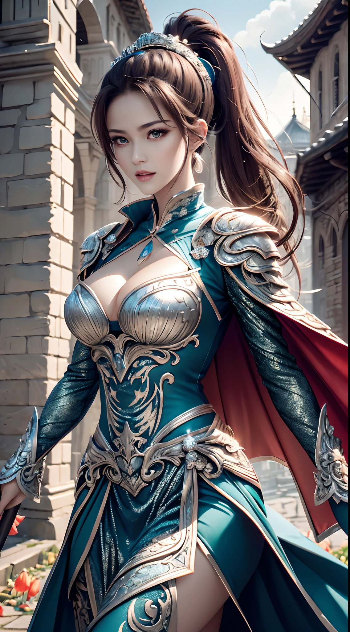 woman,High ponytail hairstyle with blue headband,Sharp eyes,The expression is fierce,Silver metallic dragon scale armor luster,Bright red tulip pattern cape,Holding a spear,The spearhead is shining silver,Combat posture,Background in front of magnificent city walls,The overall picture tilts,Ultra HD 16k illustration