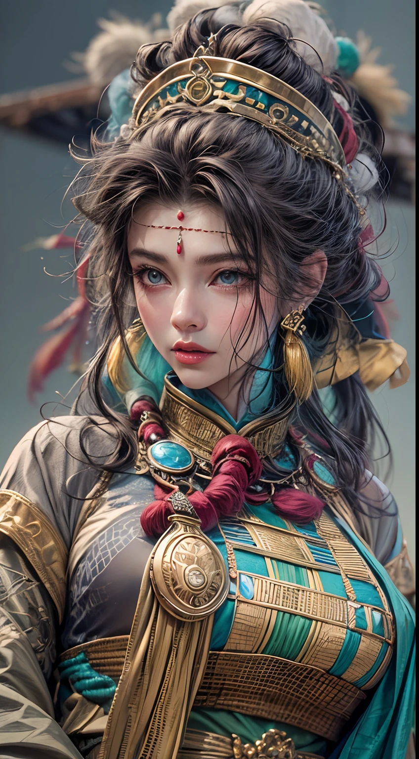 (tmasterpiece,best qualtiy,realisticlying:1.37),(Complex and sophisticated,Highly detailed skin and face),(1girll),独奏,standing on your feet,a beauty girl,Tibetan clothing,Colorful costumes, Fleece collar, Padded collar,High-end Tibetan clothing,Cumbersome Tibetan costume design,Warm clothing,Winter clothing,Appearance Yang Chaoran,Rounded face shape,Gorgeous Tibetan costumes,Cumbersome Tibetan necklace,Cumbersome Tibetan headdress,Colored headband,cinematic pastel lighting,8k wallpaper,Solidarity,art stations,High resolution CG