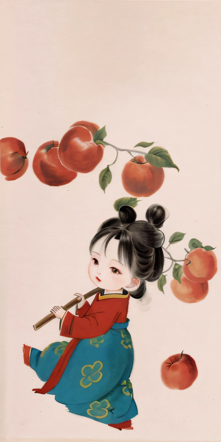 Painting a woman in a blue dress holding a stick and a red apple, she is eating a peach, she is easting a peach, Chinese watercolor style, illustration!, Chinese painting style, inspired by Park Hua, Chinese style painting, inspired by Lü Ji, Inspired by Zou Yigui, hand painted cartoon art style, 🍁 Cute, author:Mei Qing