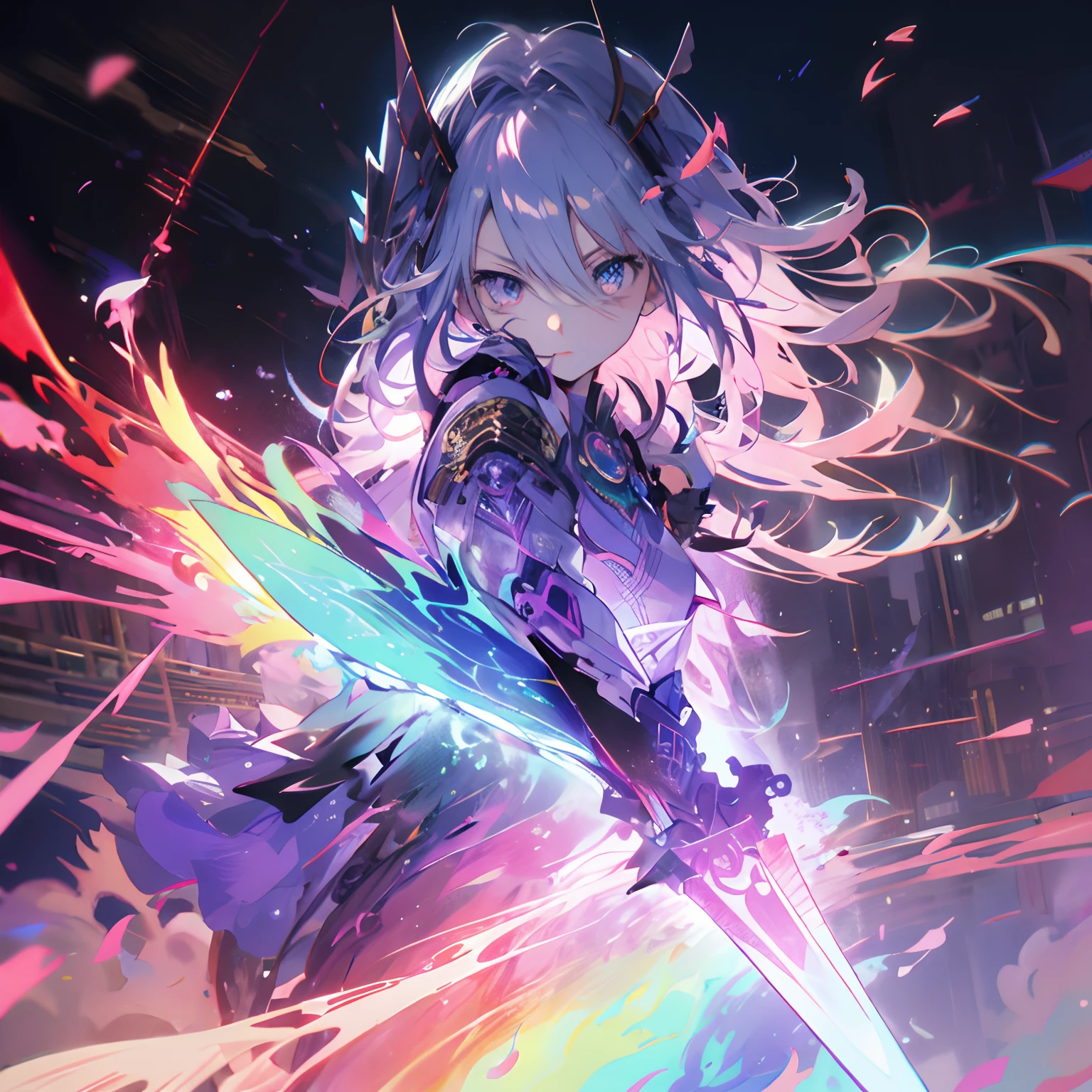 extremely details, perfect, aerial view, like a work of art, anime girl holding an ice and snow sword, pink hair and long purple skirt complement each other, looking at the distant Ayaka Genshin, taking us to the world of Genshin.