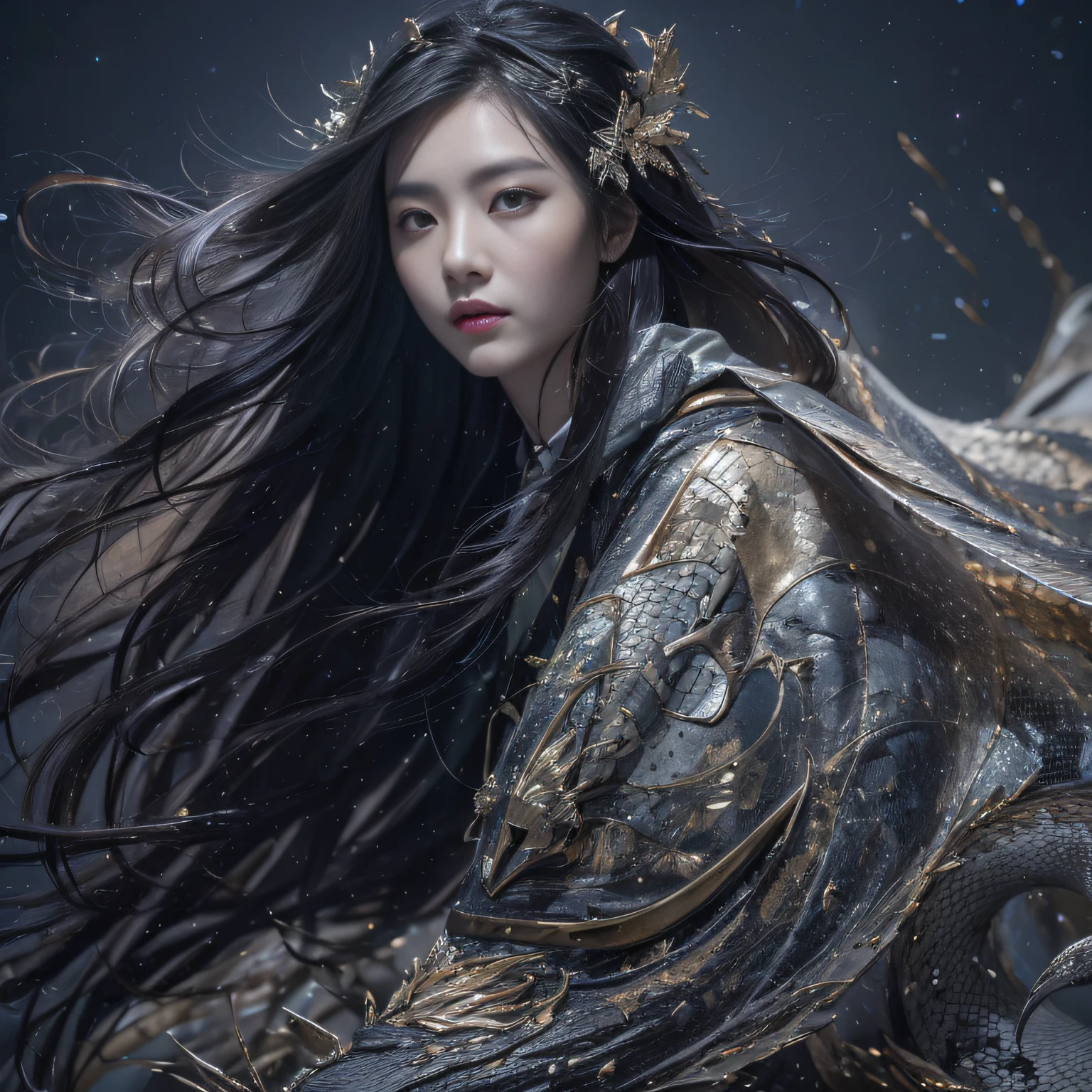 32K(tmasterpiece,k hd,hyper HD,32K)Long flowing black hair,ponds,zydink, a color, Asian people (Silly girl), (Silk scarf), Combat posture, looking at the ground, long whitr hair, Floating hair, Python headdress, Chinese long-sleeved clothing, (abstract ink splash:1.2), white backgrounid,Lotus Protector(realisticlying:1.4),Black color hair,Snowflakes fluttering,The background is pure, A high resolution, the detail, RAW photogr, Sharp Re, Nikon D850 Film Stock Photo by Jefferies Lee 4 Kodak Portra 400 Camera F1.6 shots, Rich colors, ultra-realistic vivid textures, Dramatic lighting, Unreal Engine Art Station Trend, cinestir 800,Long flowing black hair