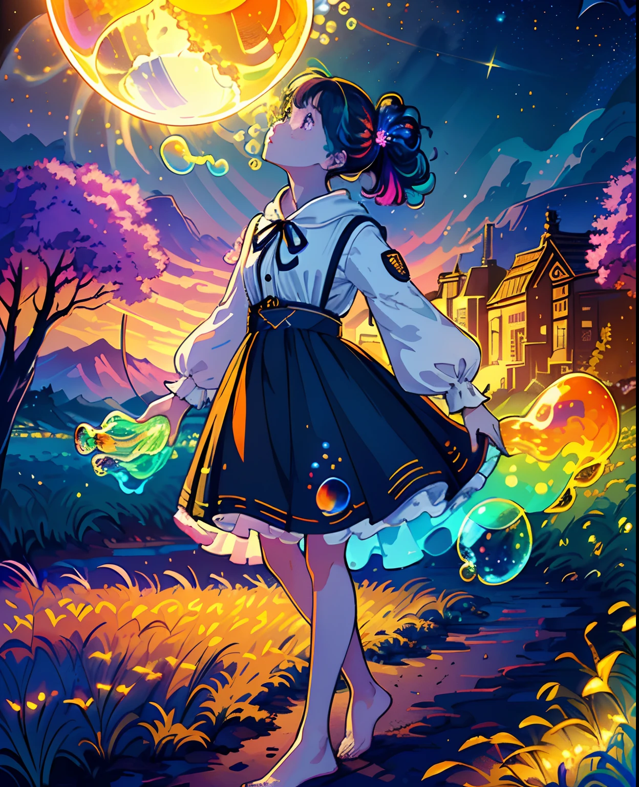 (Masterpiece), (Best Quality), (Official Art, Highly Detailed CG Unity 8k Wallpaper), (Very Detailed), (((Absurd)), 1 Girl, Midshot, (Exquisite Facial Features), (Serafuk: 1.3) ((SFW)), ((Clean Hands)), (White Neeso without shoes)), Aqua Eye, Colored Contact Lenses, Stars in the Eyes, (((((Colorful Bubbles)))), Colorful Glass, (Album cover) Vast landscape photo, (sky up, field below), girl standing in a flower field and looking up, (full moon: 1.2), (meteor: 0.9), (nebula: 1.3), distant mountains, trees BREAK craft art, (warm light: 1.2), (fireflies: 1.2), lights, lots of purple and orange, intricate details, voluminous lighting, realism BREAK (masterpiece (Best Quality), 4k, Ultra Detail, (Dynamic Composition: 1.4), Very Detailed, Colorful Details, (Rainbow Color: 1.2), (Glow Lighting, Atmospheric Lighting), Dreamy, Magical, (Solo: 1.2)