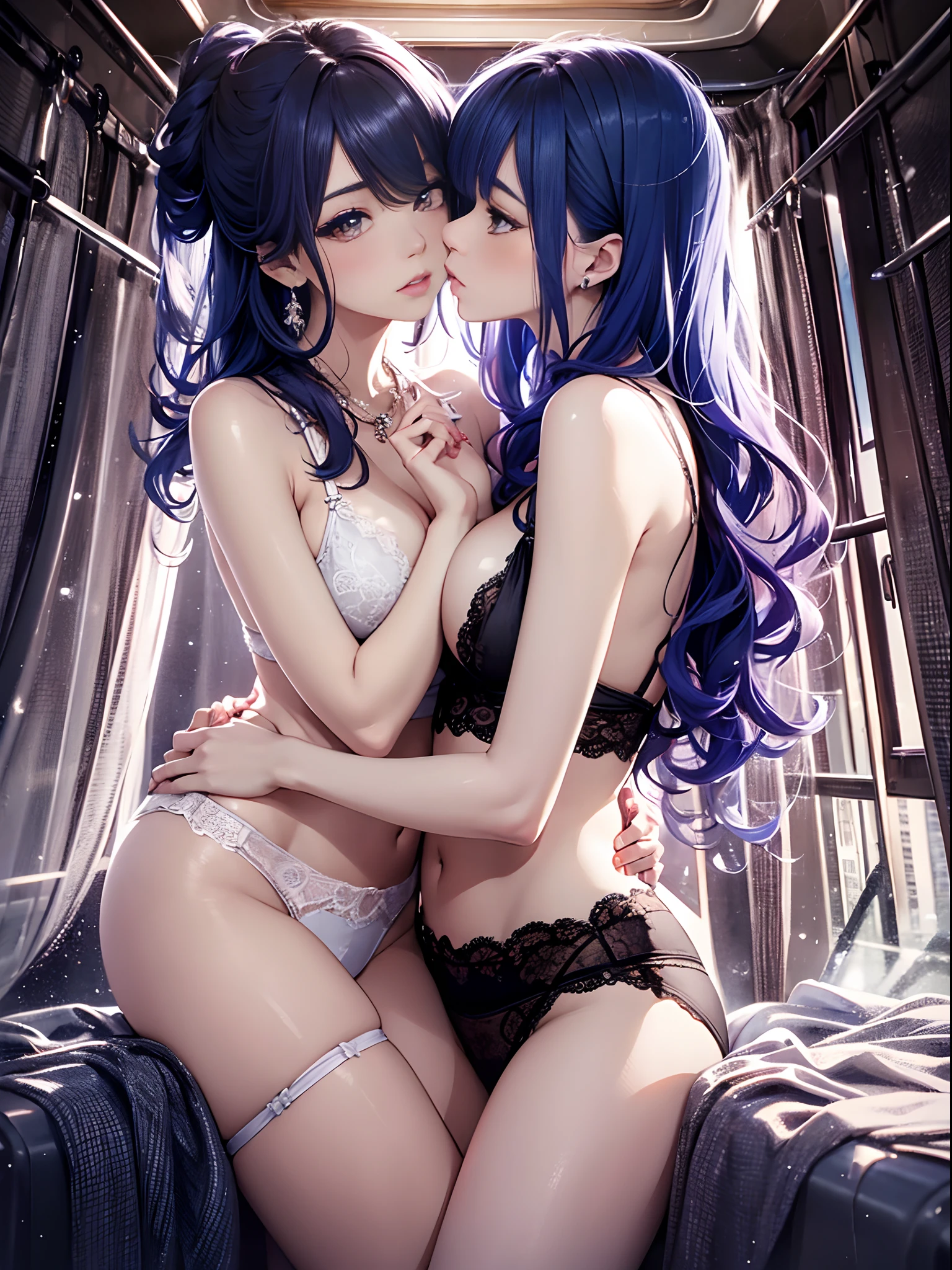 (Enrich the picture,Masterpiece level quality)Beautiful 8K CG artwork,Goddess-like posture,Sitting in the cabin of an airplane,Postural exercises,Slim and soft,Translucent skin,blue hairs、The beauty of extra-long hair, Super Long Straight Hair,The skin is fair and juicy,Underwear miniskirt uniform,Perspective Part 1.2x enhanced silhouette effect,Exquisite transparent blues pattern in pajamas,The details are intricate and exquisite,The background is slightly blurred,Charming and lustful leg seduction,Drool,K cup big breasts,Blush,Japan goddess,Perfect body slim curves,Cabin scene,Lace panties can be seen,Red left eye,The right eye is green,2 beautiful women hugging and kissing together,