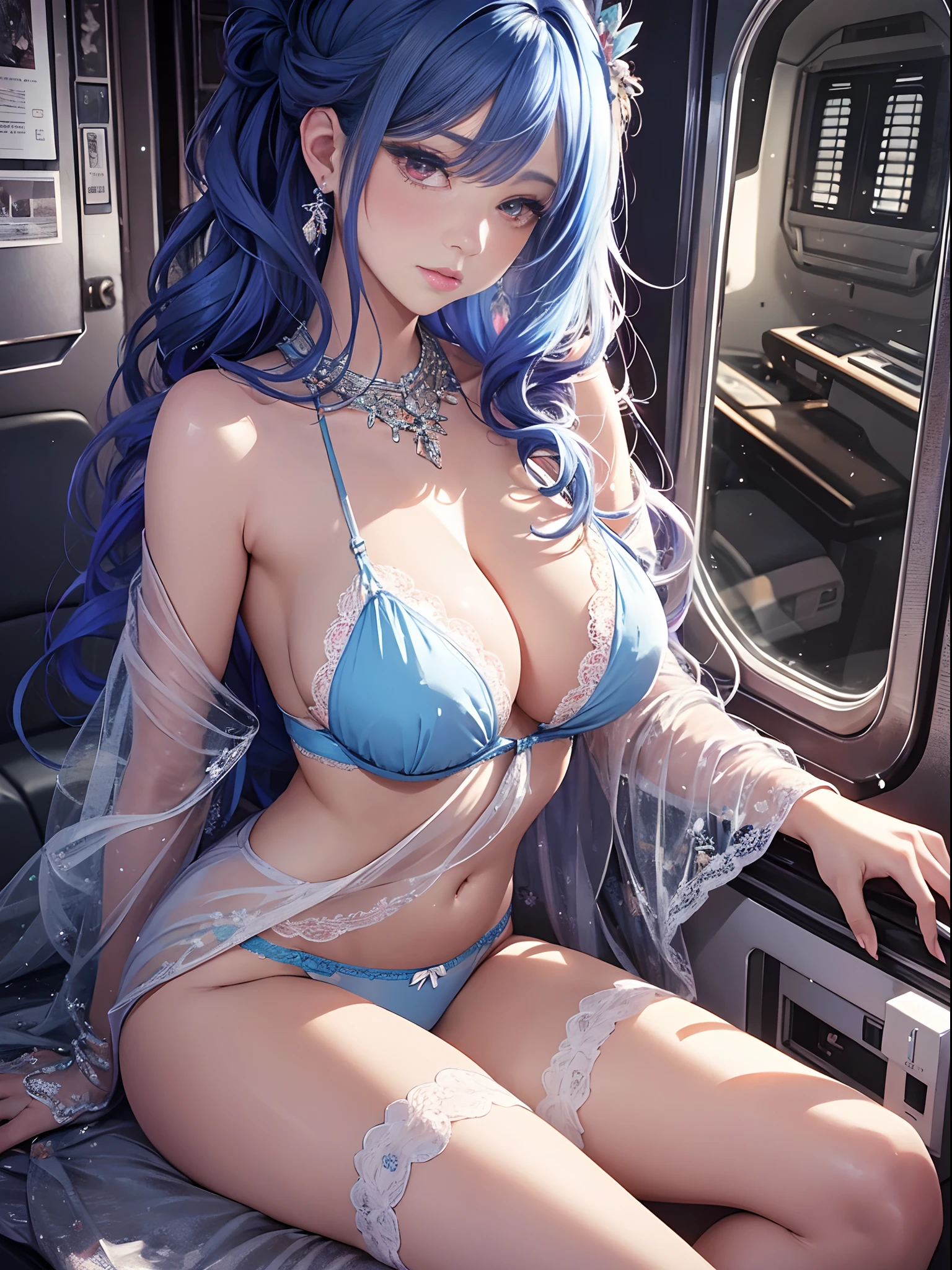 （Enrich the picture，Masterpiece level quality）Beautiful 8K CG artwork，Goddess-like posture，Sitting in the cabin of an airplane，Postural exercises，Slim and soft，Translucent skin，blue hairs、The beauty of extra-long hair, Super Long Straight Hair，The skin is fair and juicy，Underwear miniskirt uniform，Perspective Part 1.2x enhanced silhouette effect，Exquisite transparent blues pattern in pajamas，The details are intricate and exquisite，The background is slightly blurred，Charming and lustful leg seduction，Drool，K cup big breasts，Blush，Japan goddess，Perfect body slim curves，Cabin scene，Lace panties can be seen，Red left eye，The right eye is green，2 beautiful women hugging and kissing together，