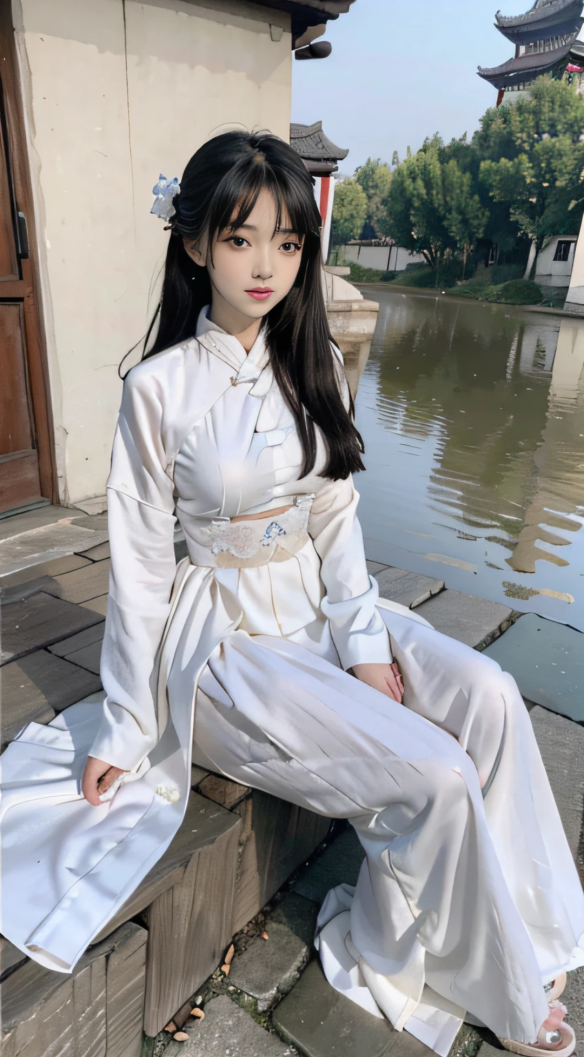 Master quality, highest quality, best picture quality, exaggerated details, a cute 8 year old asian little girl with a shy expression, slightly squinted eyes, adjusting her hair, long eyelashes (long hair / very, very exaggerated big breasts, big tits / in petticoat dress tissue, ), posing sit in front of the camera, wet breast hanfu, slim and tall waist, silk lace, xintong chen, with open v  hafu acient chinese clothes, detail breast , detail cheast