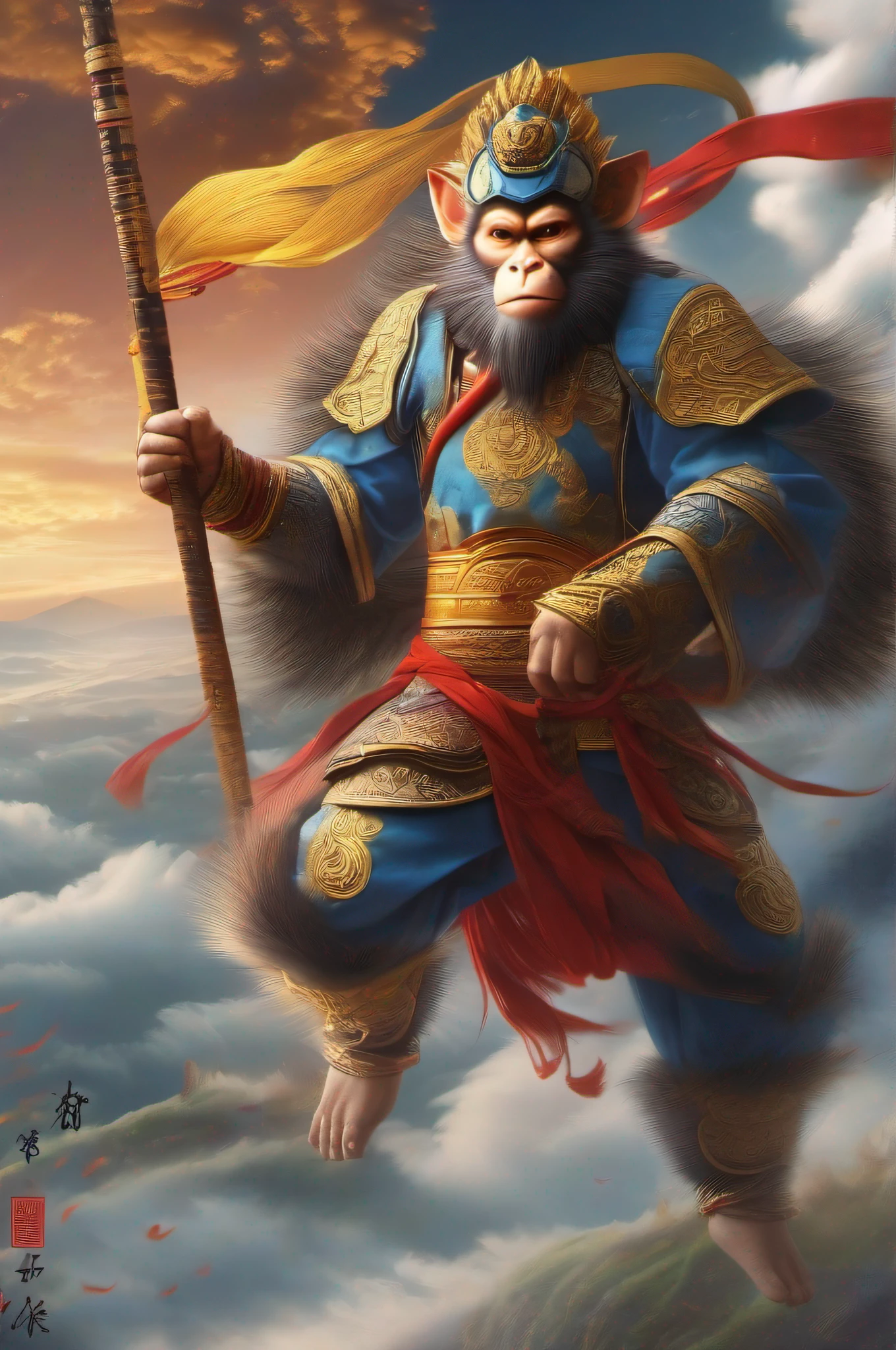 A giant monkey called Sun Wukong in ancient China、He was dressed like the armor of the god of heaven、Handles shiny metal rods、He wears a gold ring on his forehead、Riding the clouds、Running in the sky、masutepiece、Photorealsitic、highcontrast