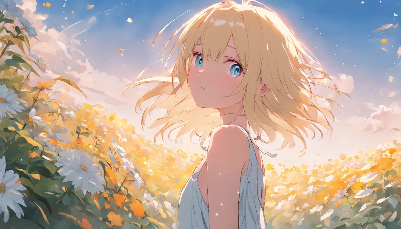 1girl, blonde hair, bob cut, blue eyes, white sundress, summer sky, flower garden