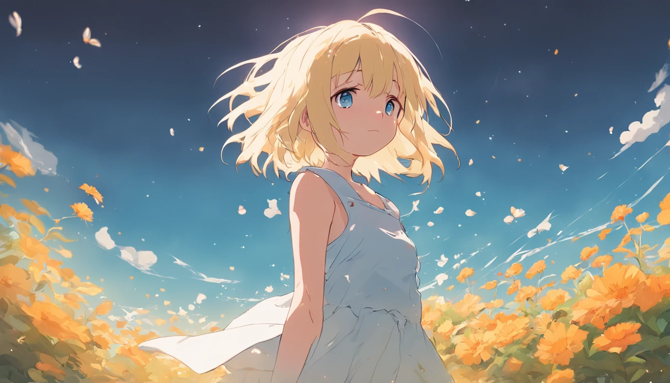 1girl, blonde hair, bob cut, blue eyes, white sundress, summer sky, flower garden
