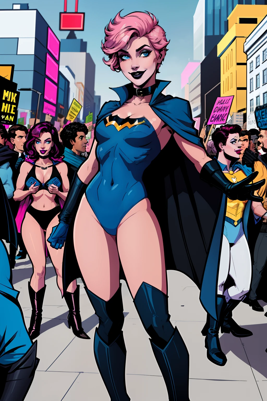 closup view of a woman, in middle of a crowd, protest, day time, outside, city street in background, pale blue eyes, detailed short pink hair Short Side Comb haircut, smile expression, black lipstick, small tits, wearing a blue swimsuit, blue gloves, blue tall boots, blue cape with collar, comic book style, flat shaded, prominent comic book outline linework