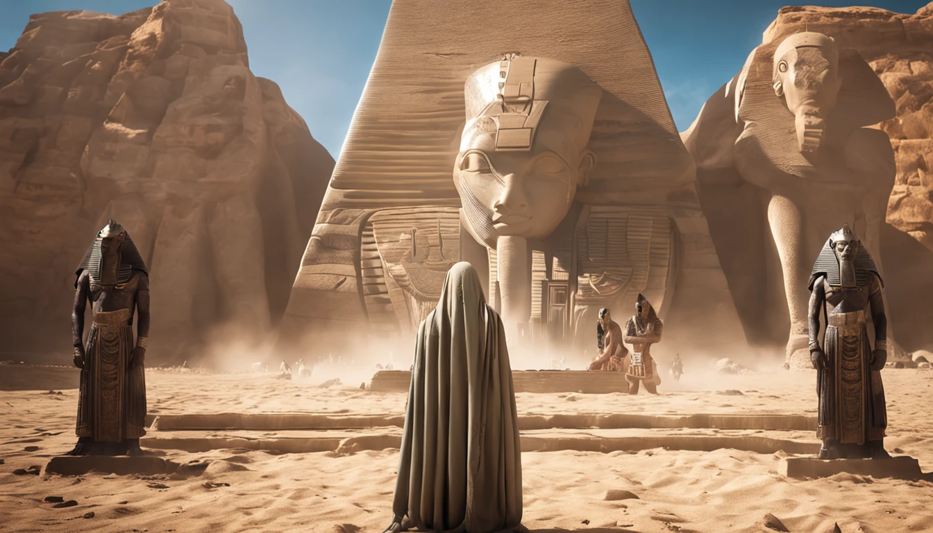 (Fotografia digital realista, qualidade surpreendente), A stunning alien humanoid with white skin and black eyes, with incredible 4 meters high, captured in an epic photograph, surrounded by worship by the ancient Egyptians.