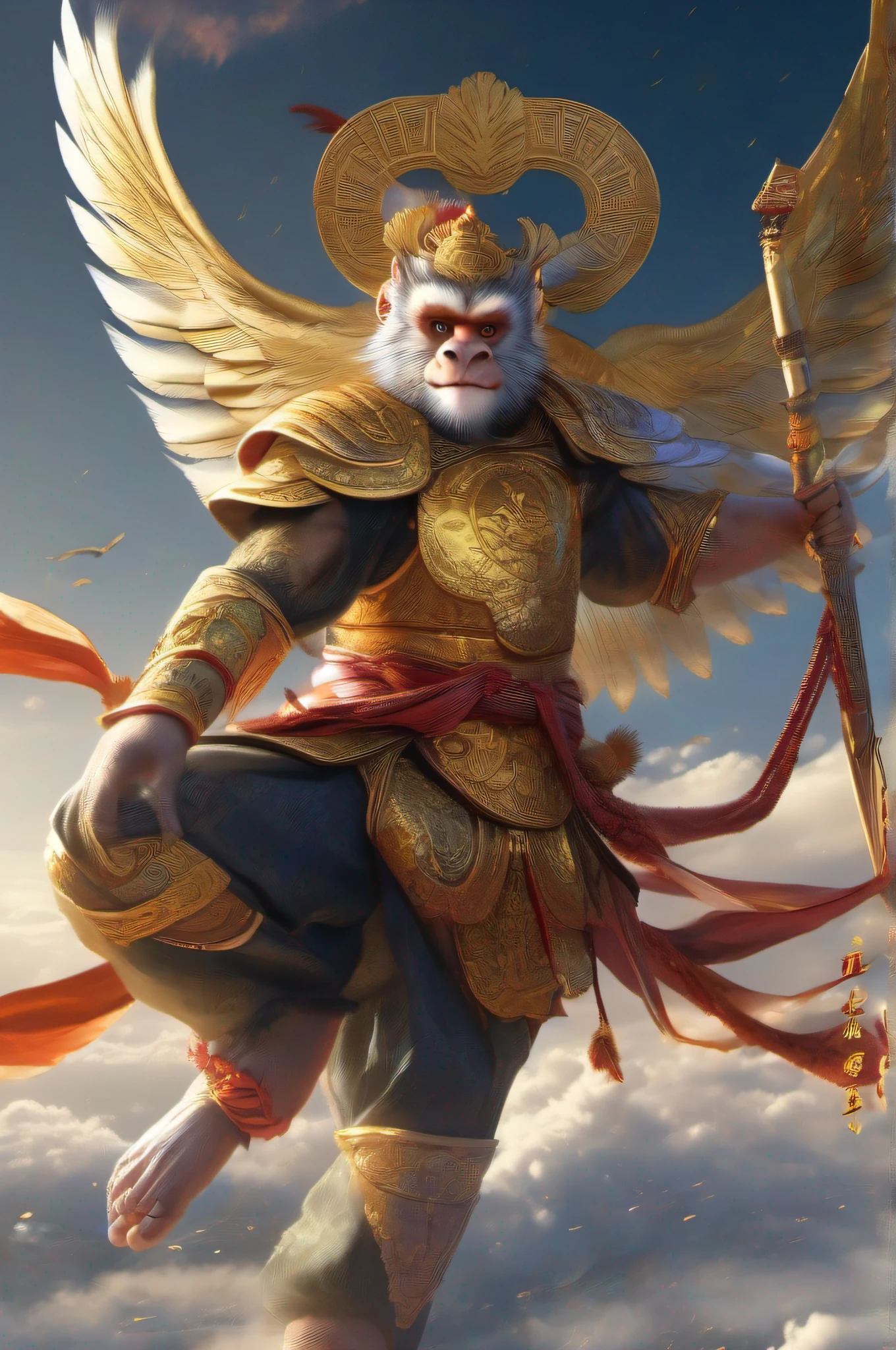 A giant monkey called Sun Wukong in ancient China、He was dressed like the armor of the god of heaven、Handles shiny metal rods、He wears a gold ring on his forehead、Flying through the sky with golden wings、masutepiece、Photorealsitic、highcontrast