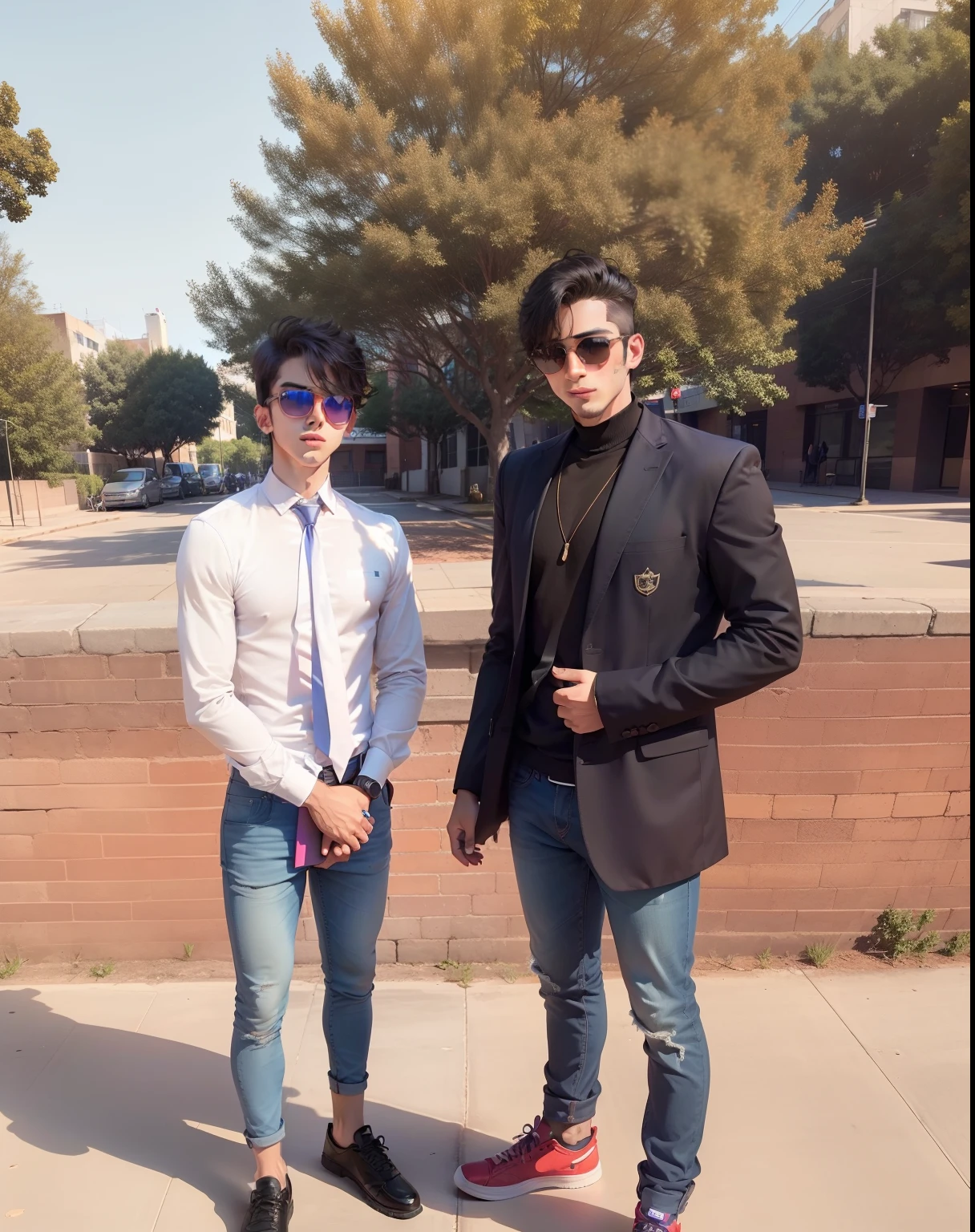 A hot boy and a man school time image in the rainbow colouring background sunglasses in face