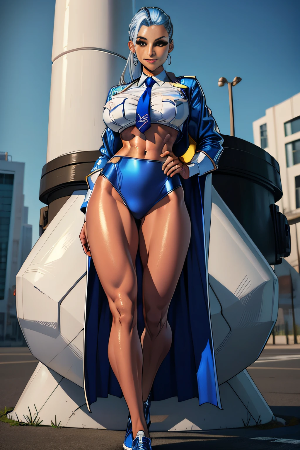 1. Alafe Street Fighter、Metallic Sky Blue and Metallic Silver Martial Arts Uniforms、Big breasts about to burst、Shirt with metallic white breast pockets、breasts pocket、neck tie、thin and long legs,、Pose ready to fight、Fitness Model、musculature、abdominals、Height 175cm、skin tanned、glistning skin、Cool smile、full-body view、