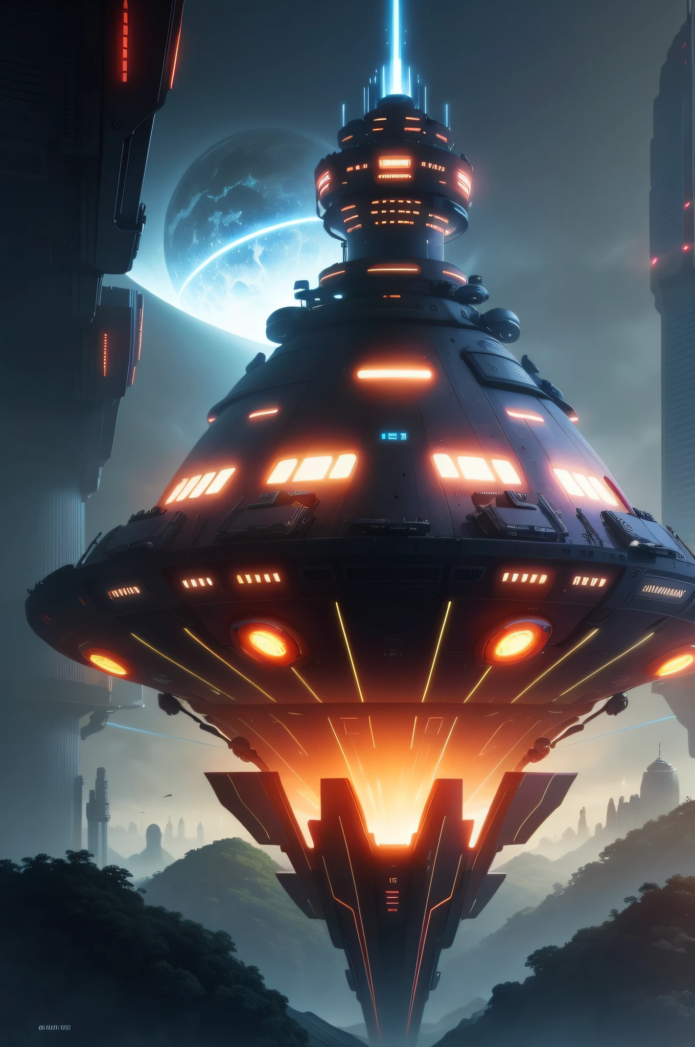 Fantasy Technology Future Technology Dream City,Mothership crossing:1.8,Starship(surface details:1.2),(Planetary shuttle:1.8),Metallic surface glossy details:1.6,Red、blueglow、The yellow light is colorful,cyber punk perssonage,Dream Tech,High resolution 8K