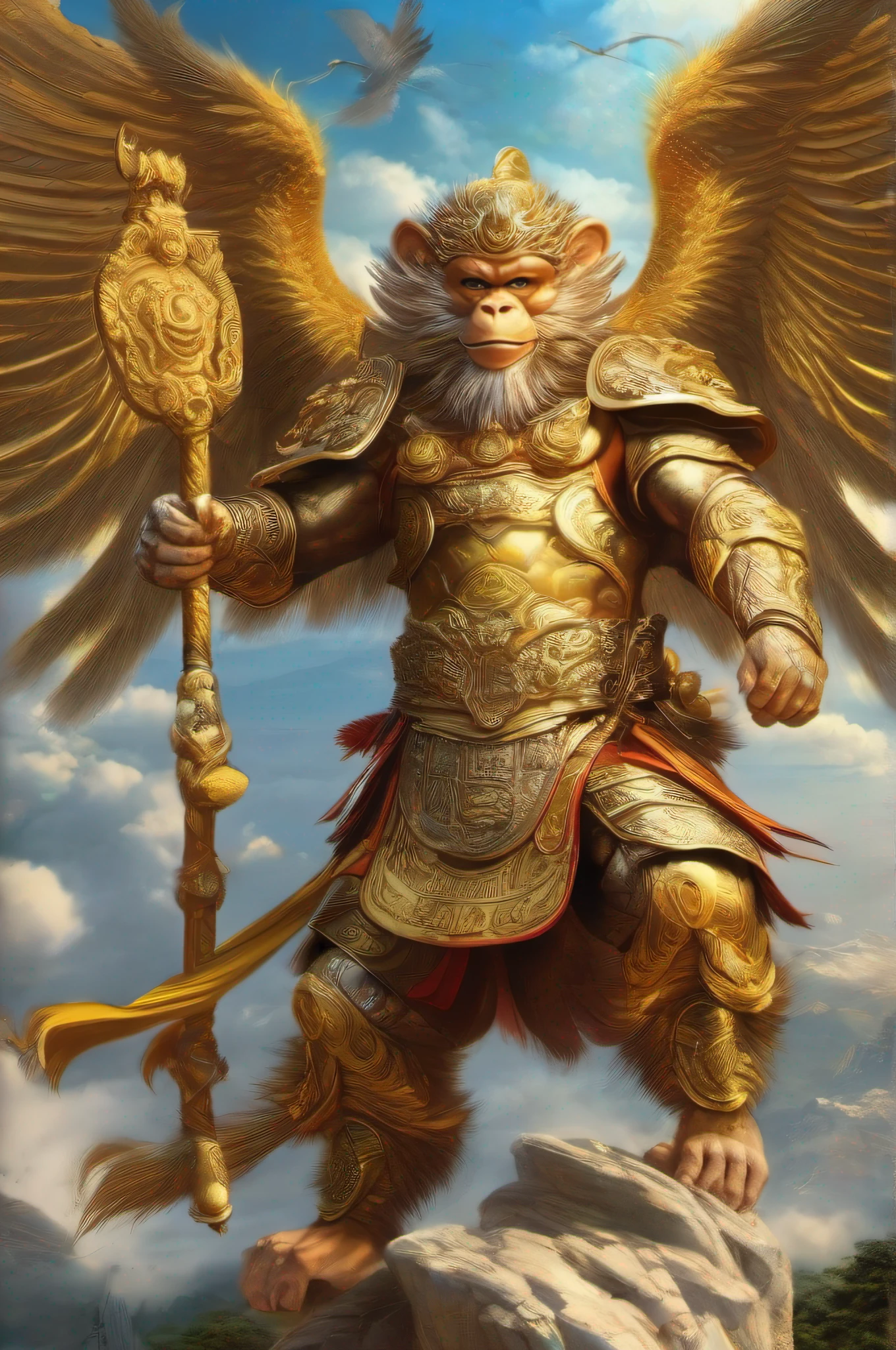 A giant monkey called Sun Wukong in ancient China、He was dressed like the armor of the god of heaven、Handles shiny metal rods、He wears a gold ring on his forehead、Flying through the sky with golden wings、masutepiece、Photorealsitic、highcontrast
