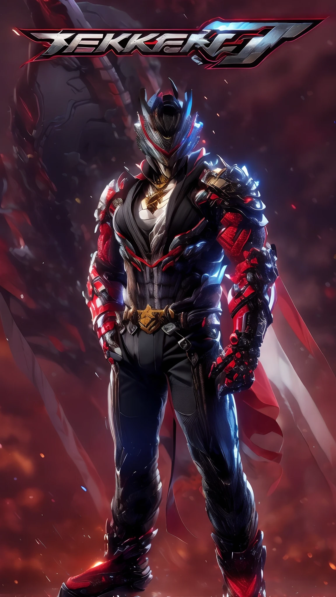 arafed image of a man in a red hoodie and black pants, as a character in tekken, fighting game character, tekken 7, character from king of fighters, high detail iconic character, tekken, tsurumaki kazuya, menacing look, uhd character details, from ncsoft, 8 k character details, inspired by Li Kan, black cape, cybernetic armor, helmet