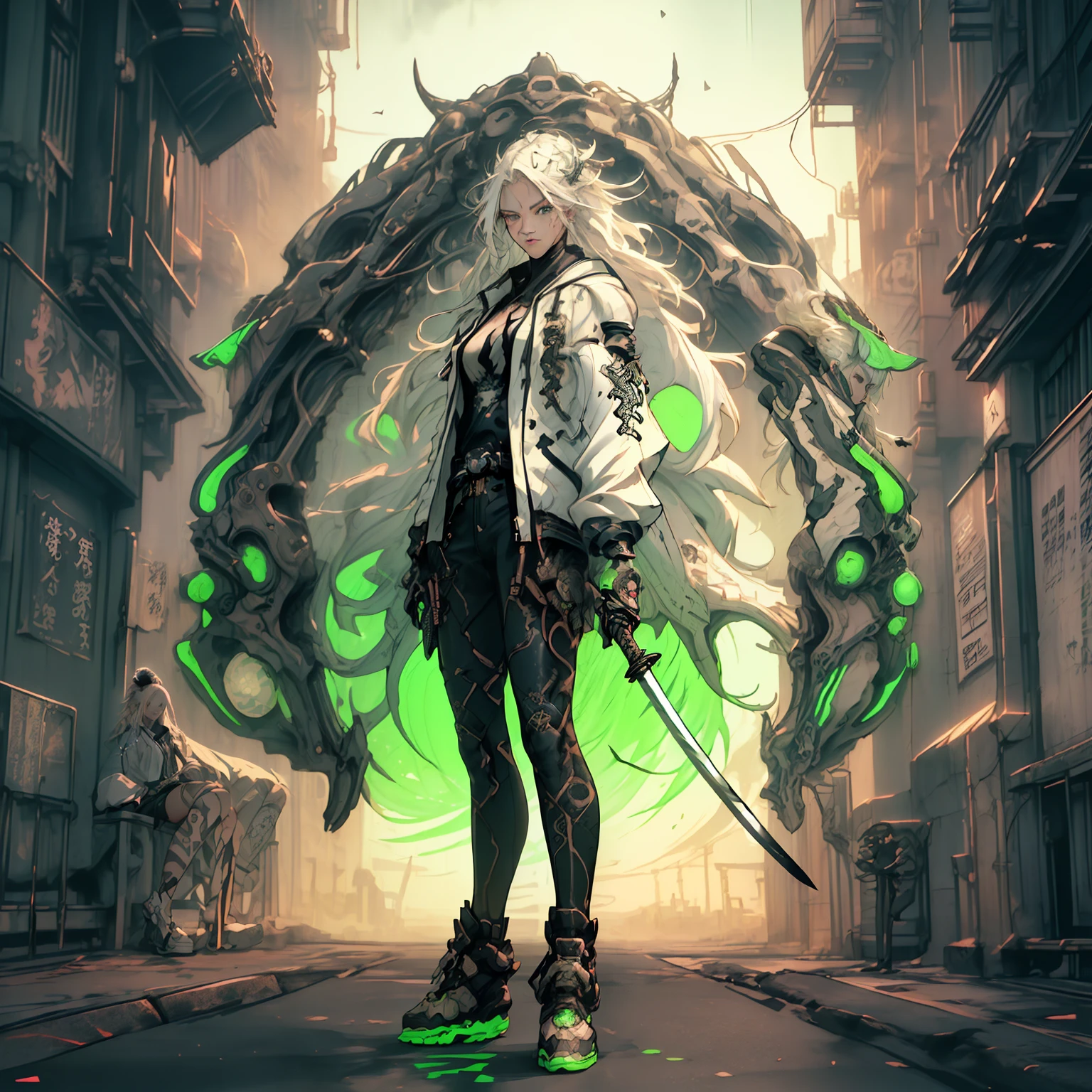 An anime style photo of white haired warrior in a jacket standing in the middle of a neon-lit road, holding a katana , her katana blade glowing in the darkness. Masterpiece, 8K, Hd, anime style , cyberpunk , tattoos all over her body, post apocalyptic, Hyper detailed, Intricate design, ultra high detailed, super resolution, Ariel view, battle stance, preparing for fight, serious expression, Hyper Detailed katana , Masterpiece , —chaos 45