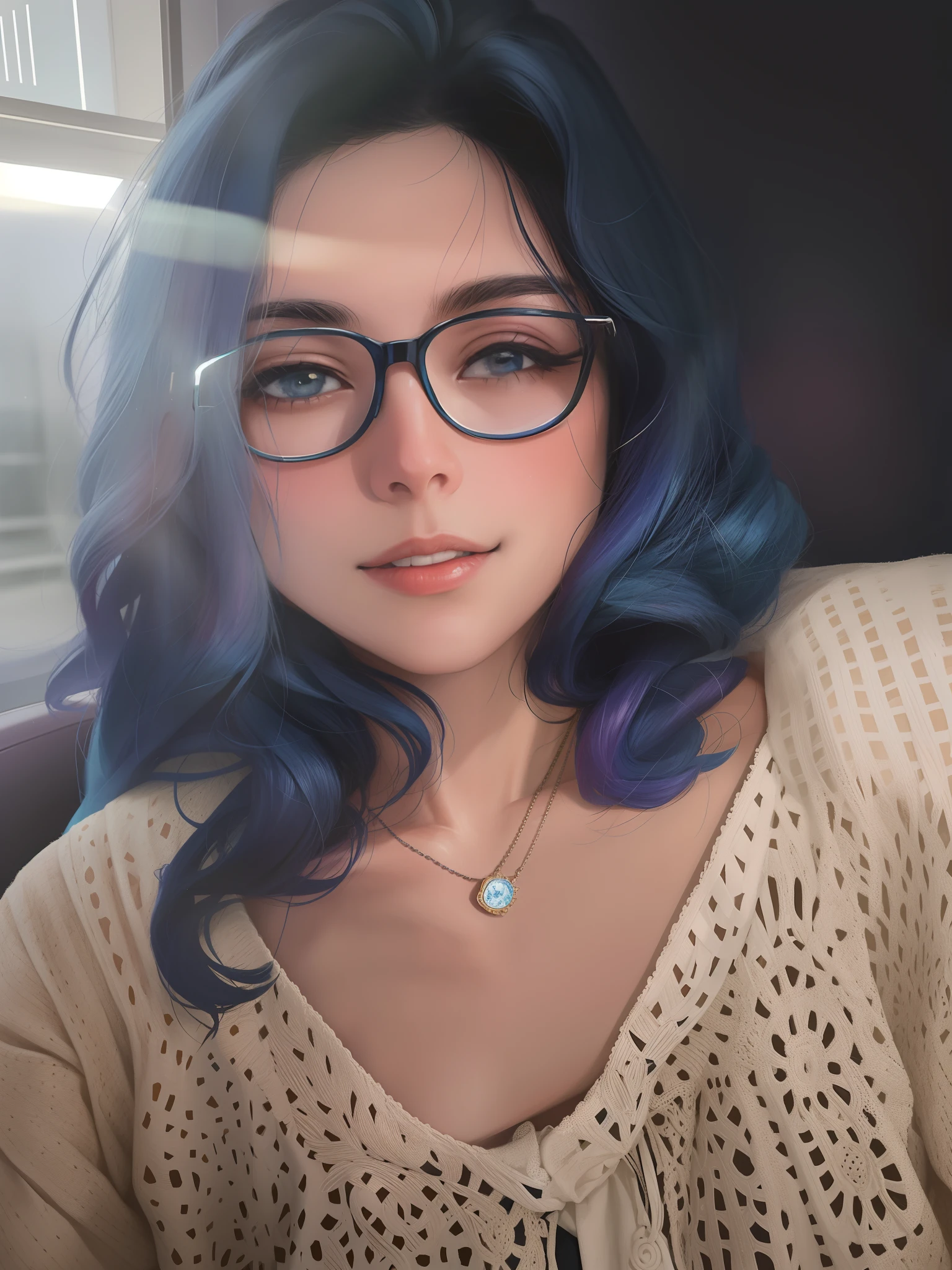 there is a woman with glasses and a necklace on her neck, Alanis Guillen, foto de perfil headshot, imagem de perfil, foto do perfil, Ayahausca, taken in the early 2020s, foto de perfil profissional, foto da mulher jovem, wavy long blue hair and glasses, em torno de 1 9 anos, 2 8 anos, selfie de uma jovem mulher