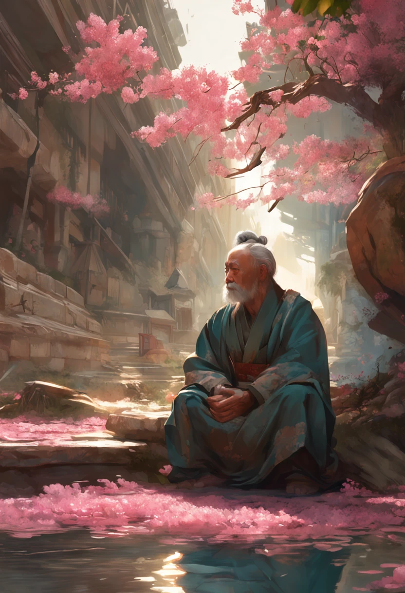 There is a man and a wise old monk sitting on the ground next to cherry blossom., Ross Tran e Michael Whelan, Edgar Maxence e Ross Tran, wlop e ross tran, Ross Tran e Bayard Wu, James Gurney e Andreas Rocha, rob rey and kentarõ miura, Art not Guweiz style, arte do jogo de RPG