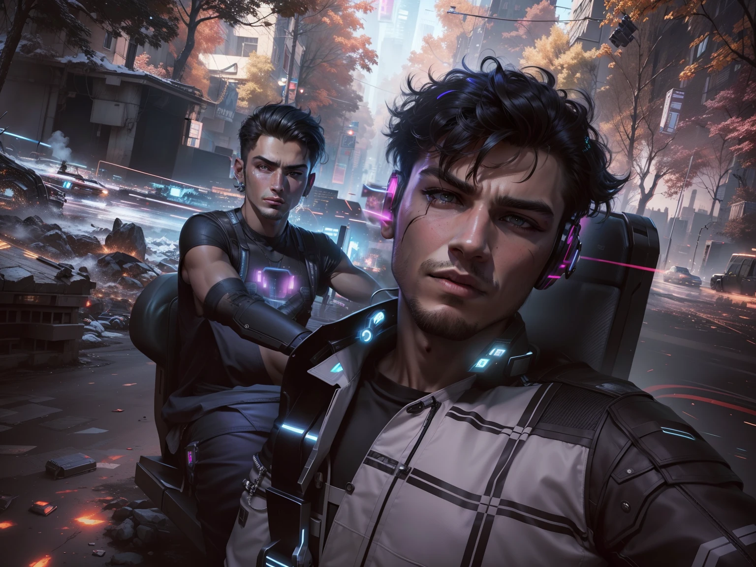 Change background cyberPunk, handsome boy, realistic face,8k, ultra realistic.