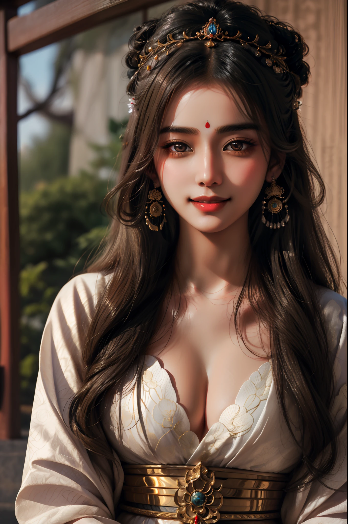 An incredibly detailed portrait of a stunning Indian girl embodying the spirit of a samurai, with mesmerizing eyes, a captivating smile, and flowing, beautiful tresses.