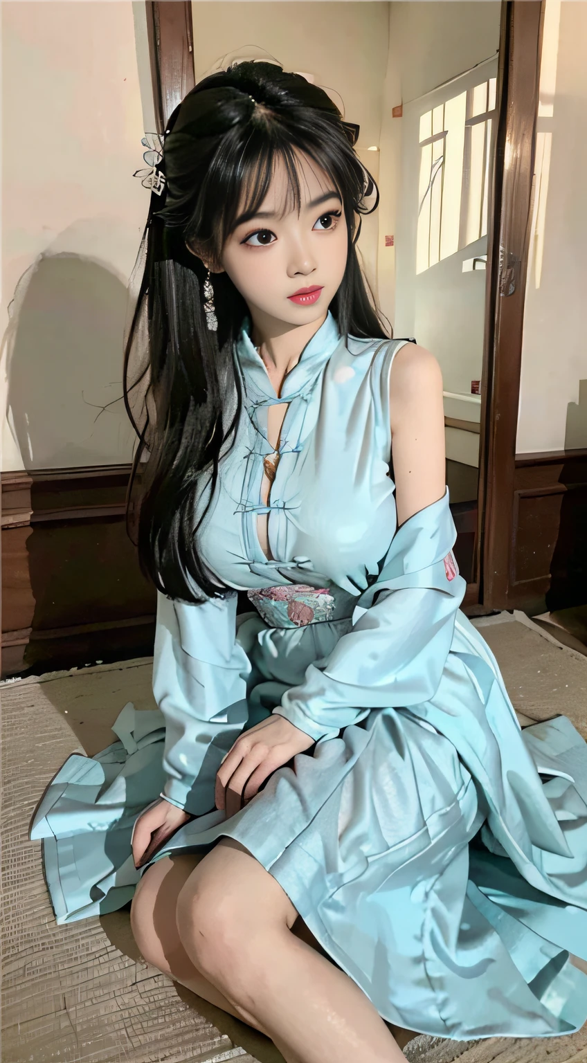 Master quality, highest quality, best picture quality, exaggerated details, a cute 8 year old asian little girl with a shy expression, slightly squinted eyes, adjusting her hair, long eyelashes (long hair / very, very exaggerated big breasts, big tits / in petticoat dress tissue, ), posing sit in front of the camera, wet breast hanfu, slim and tall waist, silk lace, xintong chen, with open v hafu acient chinese clothes, detail breast , detail cheast, detail tit