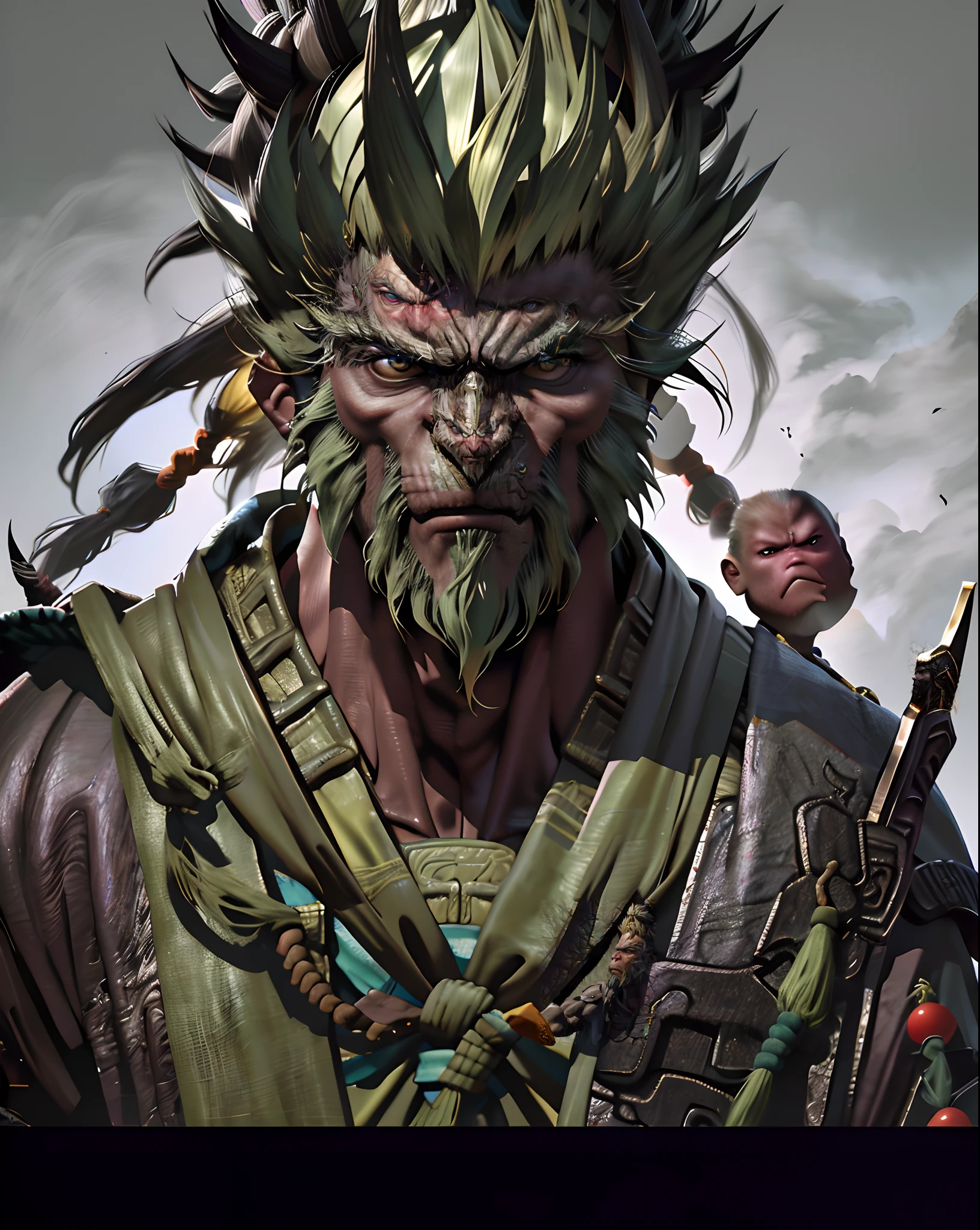 qualidade de obra-prima,8K分辨率,Journey,Monkey king,Qi Tian Great Sage,Black skin,Dark painting style,The Great Sage's eyes shone with golden light,Qi Tian Great Sage's whole body burned with flames,Highlight the details,The Great Sage looked angry,The Great Sage's expression was hideous,The Great Saint's face was covered with black hair,The Great Sage's face was covered with scars,The Great Saint wears armor