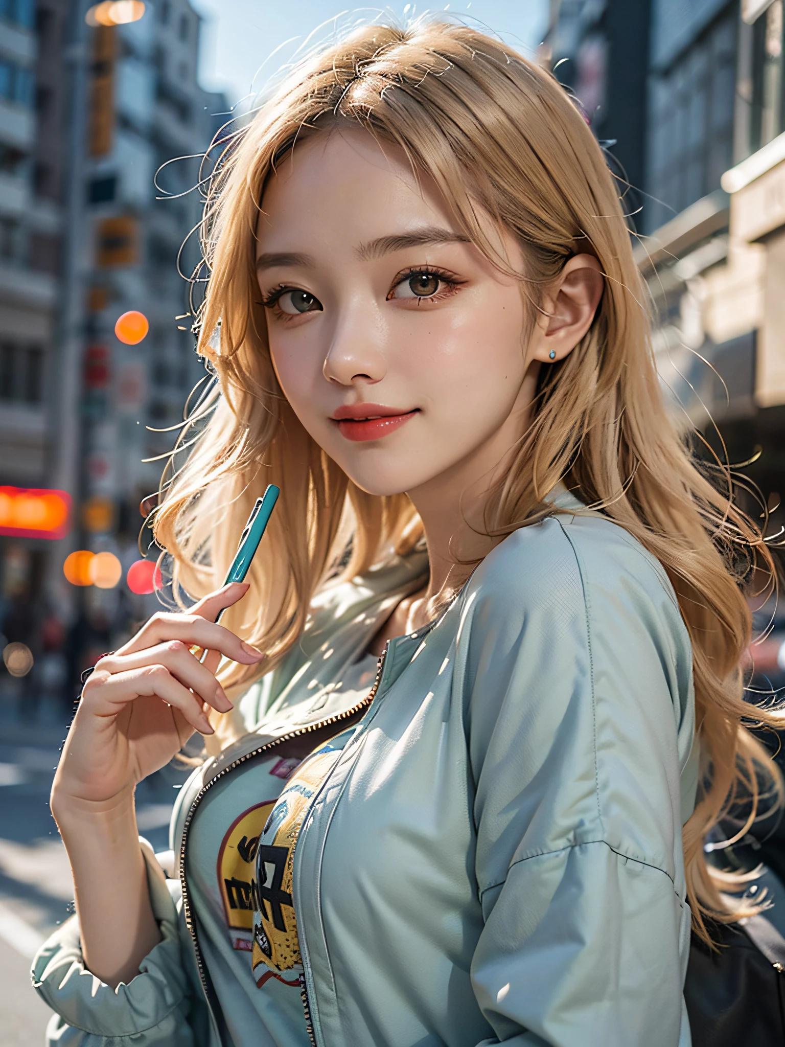 top-quality、超A high resolution、(in 8K、Raw photo、Photorealsitic:1.4)、de pele branca、Real Human Skin、(Detailed eyes)、oval-face、One woman as beautiful as a goddess、Slimed、(Gentle, Goddess-like smile:1.3)、(Happiness:1.2)、(lipgloss、Lashes、Gloss Face:1.2)、beautiful blond hair、jaket、Fashion Shirts、Cityscape、Wide range of lighting、Natural Shading