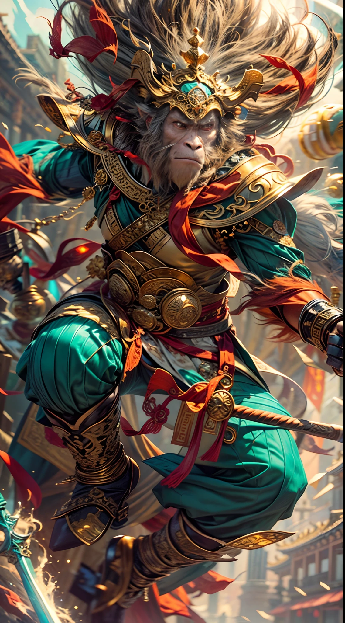 (Masterpiece, A sacred portrayal of the Monkey King:1.4), (Charming illustration of monkey god in his iconic appearance:1.2), (Meticulous details capture his palatial presence:1.2), (Created to commemorate mythical figures in Chinese folklore:1.2), (Sun Wukong wears a golden crown, Symbolizes his pious status:1.3), (His hairy muscles exude strength and majesty:1.3), (Dressed in bright red and gold robes, Pay tribute to his legendary journey:1.1), (Holding a long staff, Firmly rooted in the ground, The embodiment of his power:1.3), (Perched atop a magnificent Chinese temple, Prove his divinity:1.1), (Intricate temple architecture，Vivid red and gold tones:1.1), (The vibrant blue sky contrasts:1.1), (The wind rustled his fur and robe, Add dynamic motion to your scene:1.1), (His eyes radiate wisdom and confidence:1.1), (The gold headdress sparkles in the sun, A symbol of his celestial origins:1.1), (Capture otherworldly auras and depictions of the existence of the gods:1.1), (The color scheme enhances the cultural richness of the scene:1.1), (Depicts a tribute to God's legendary status and significance:1.1), (Viewers are invited to marvel at the majestic incarnation of the Monkey King:1.1)), Cinematic, Hyper-detailed, insanely details, beautifully color-graded, illusory engine, degrees of freedom, Hyper-Resolution, megapixel, Cinematic lightning, Anti-aliasing, FKAA, TXAA, RTX, SSAO, post-proces, postproduction, Tone-mapping, ....CGI, vfx, SFX, insanely detailed and intricate, hyper-maximalist, Ultra photo realsisim, volumetr, Photorealistic, The ultra-realistice, Ultra-detailed, Intricate details, Super detailed, Full color, Volumetric lightning, hdr, Realistic, illusory engine, 16k, Sharp focus, rendering by octane