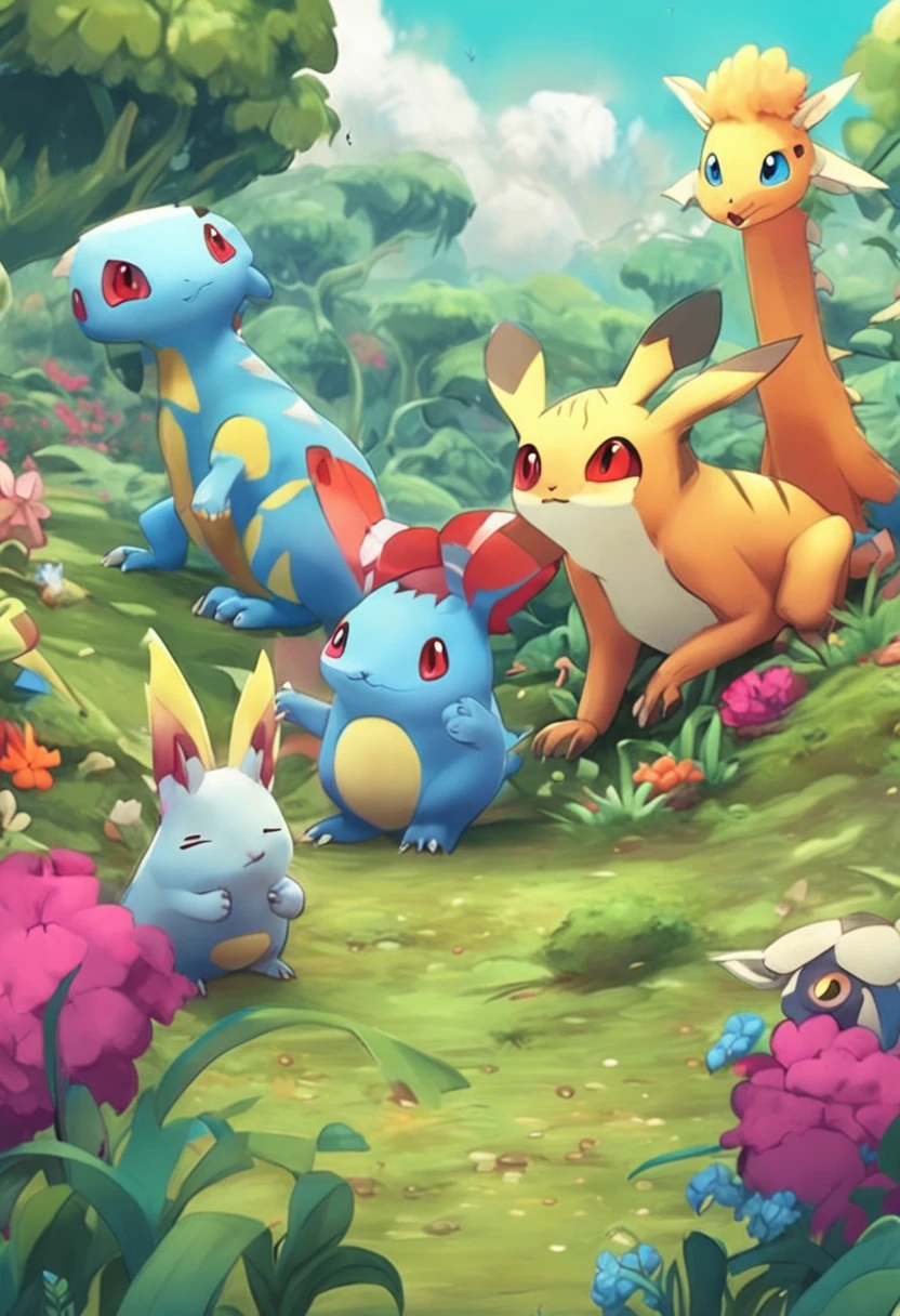 Pokémon, all kinds of virtual critters, fill the entire meadow, Q version, cute, surreal, fresh painting