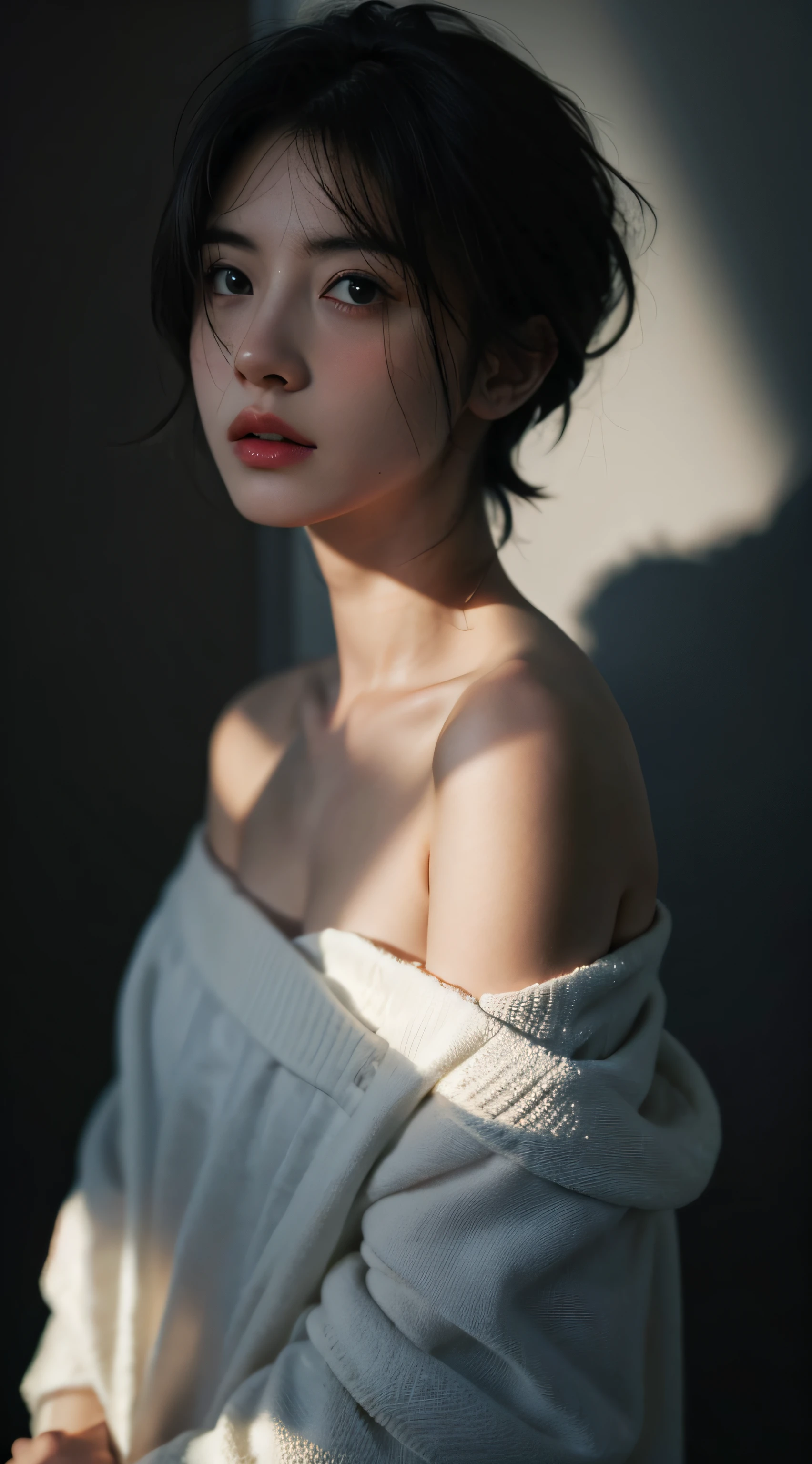 Best quality, masterpiece, ultra high res, (photorealistic:1.5), raw photo, 1girl, offshoulder, in the dark, deep shadow, low key, cold light, sexy look, short hair