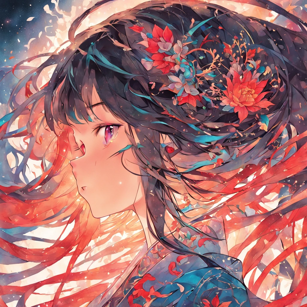 (White background:1.4),(Silhouette of a girl's head, Eyes closed, colorfull long hair, Oriental elements)，(Chinese illustration:1.3，paper art:1.3, Quilted paper art:1.2),( reasonable design, Clear lines, High sharpness,Best quality, Very detailed, Masterpiece, movie light effect, 4K )