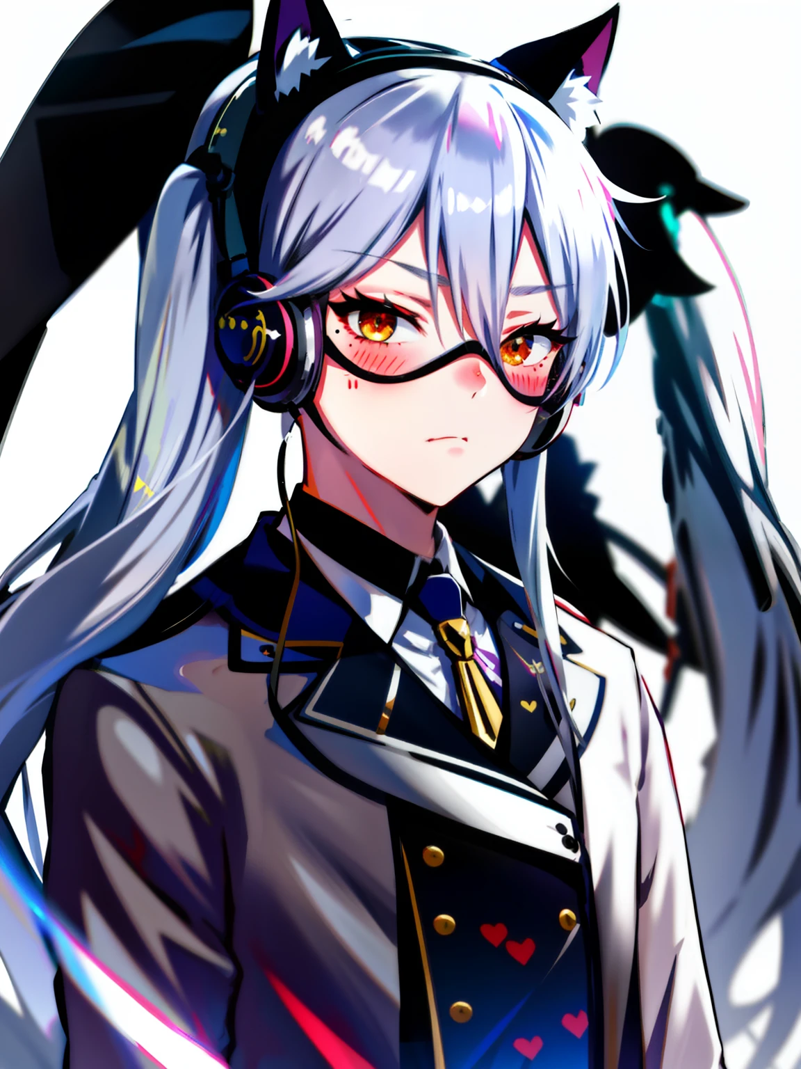 silver hair, twintails, mask, blindfold, rimless eyewear, mole under mouth, @ @, cat ear headphones, blush, heart in eye, endured face, naughty face, torogao, tired