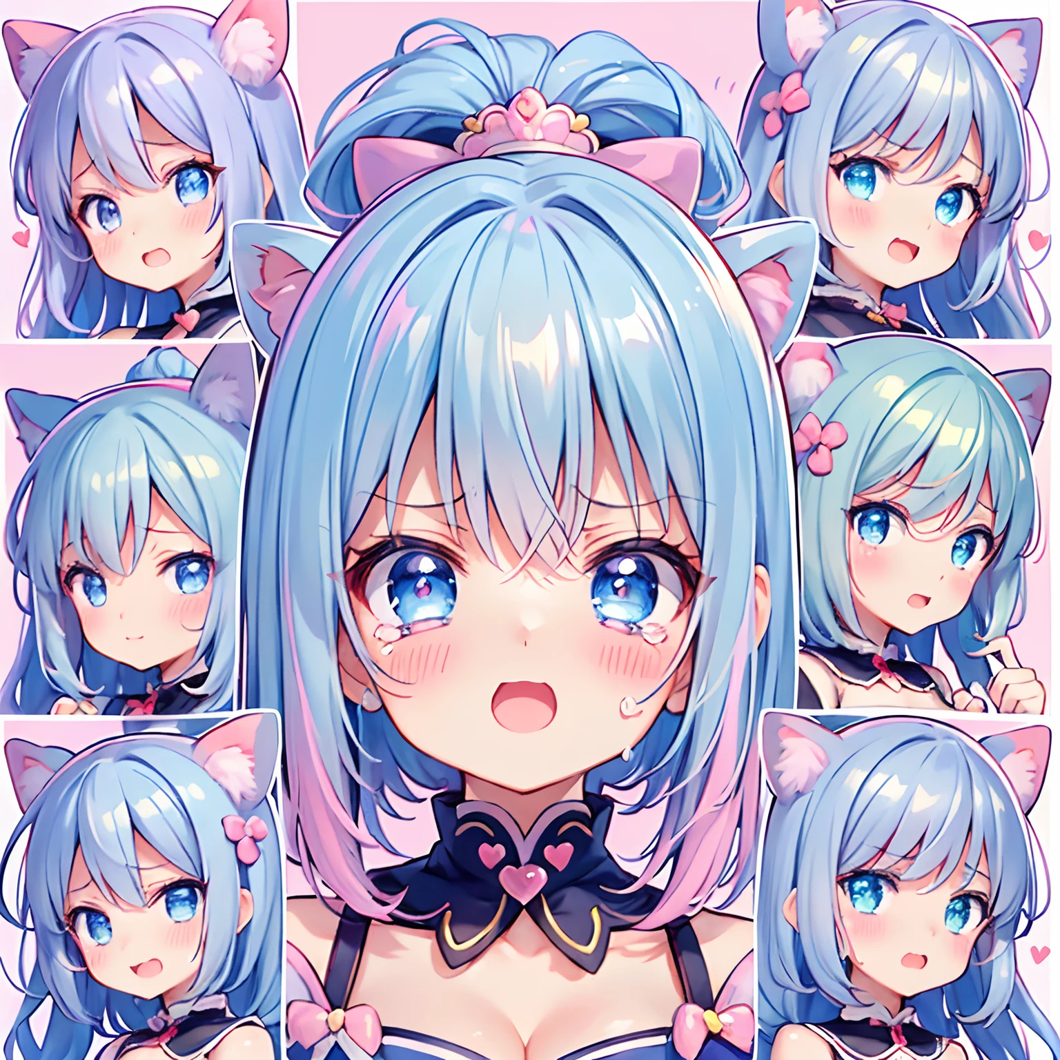 4 different expressions,expression surprised,The expression is angry,Happy expression,Expression crying，Masterpiece, 1girll, heartthrob, closeup cleavage, Big eyes, kawaiitech, kawaii, ,Pastel colors, Best quality, cheerfulness, The background is pure white and well-proportioned, Tilted head