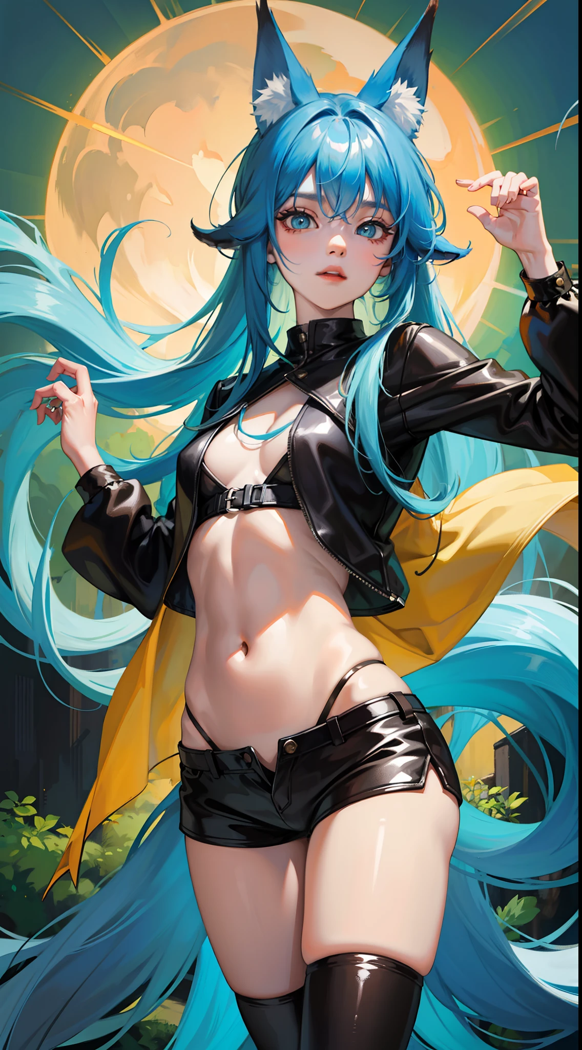 young boy, long blue hair, Fox ears, Green eyes, black skintight clothes, Shorts, open belly, Masterpiece, hiquality