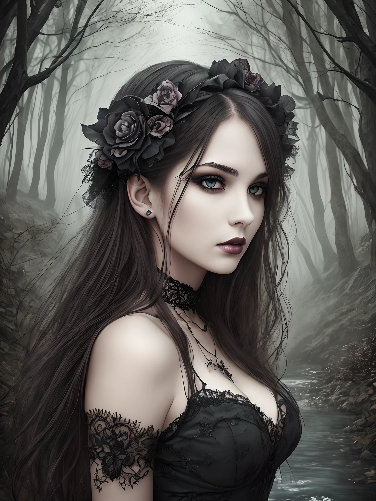 a beautiful woman in a black dress, beautiful face, stunning pretty face, great eyes, in a dark forest, with a creek atmosphere, gothic style, dark style --auto --s2