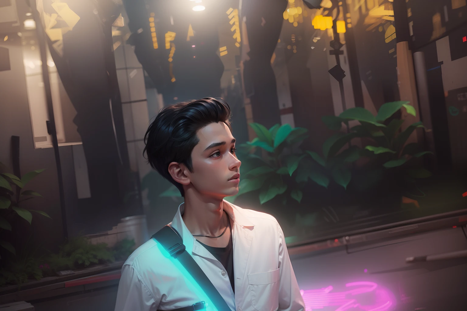 smart boy, neon background, realis