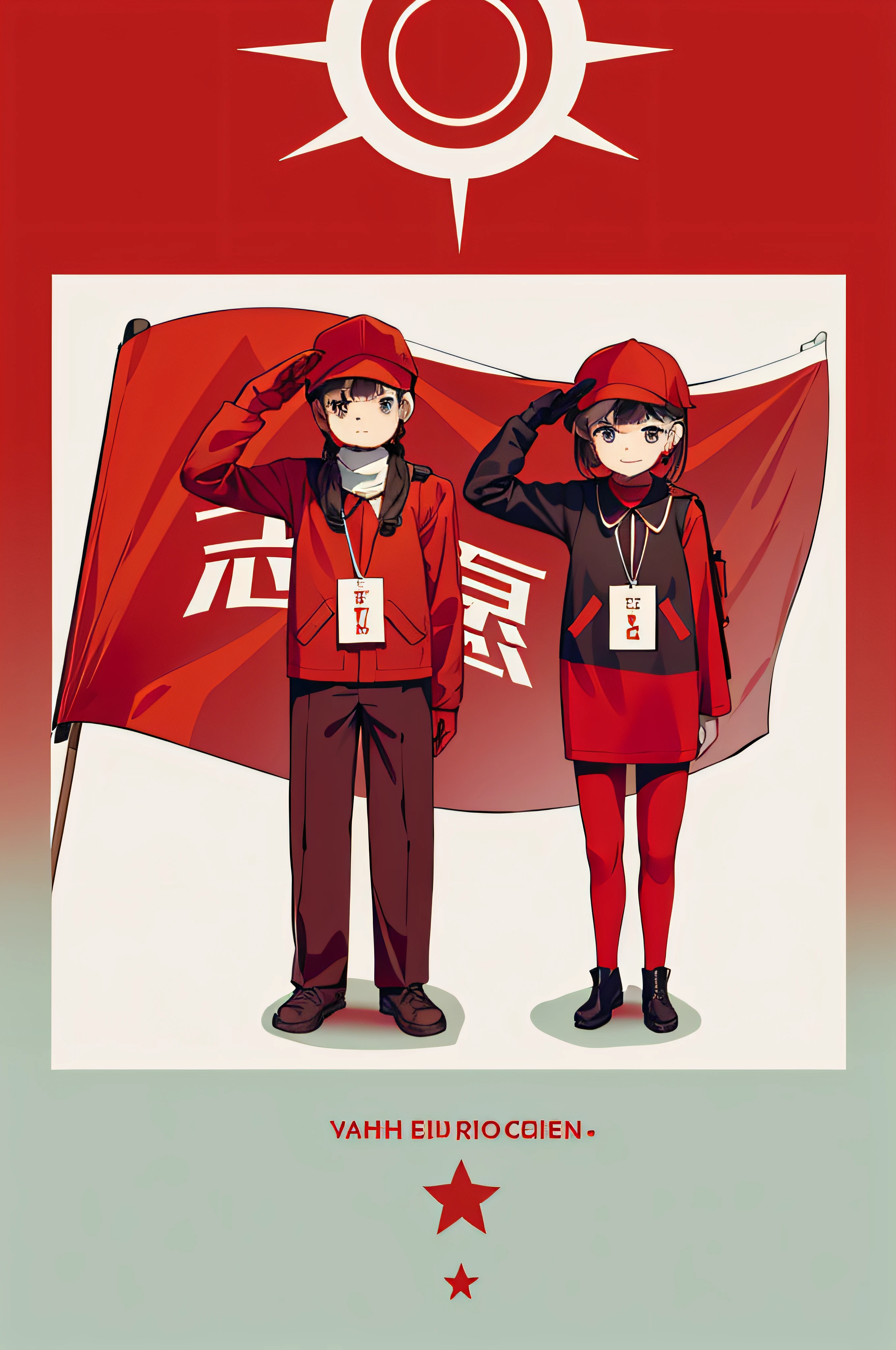 Two people stood next to a flag, red flags, Red flag holidays, holding a red banner, Red Uniform, wearing red attire, workers revolution, Red flag, Bright, uniform background, Seguro para o trabalho.CGSesociety, Seguro para o trabalho. CGSesociety,  wearing red clothes, from china,