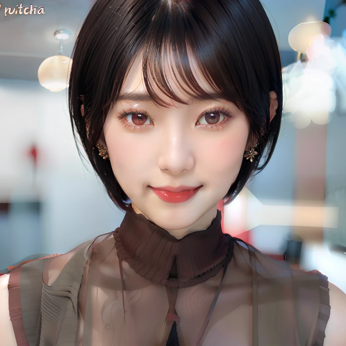 1girl, kurotsuchi, short hair, sexy dress, black hair, brown eyes, smile, beautiful, red clothes, very big breast, sexy clothes, wearing glasses, indoor wallpaoer, wallpaper realistic, wallpapaer detail, indoor background, ultra detail, realistic