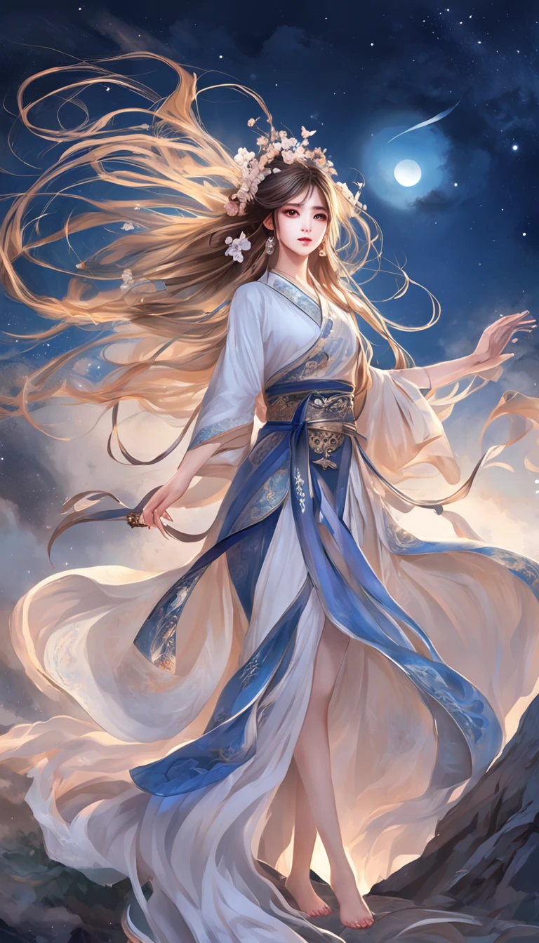 ((from below)), ((full body)), ((realistic)), (correct hand), (anatomy correct), nigth, dark blue sky，starrysky, Beautiful goddess, Sexy goddess, Heroic, (hanfu, One shoulder, Floral), Sword dance, (white colors, in pink), Long messy hair, Long hair that moves with the wind, Detailed scenes, amazing pose, Eye-catching accessories, Picturesque, Beautiful digital illustration, the detail，Hyper-detailed, Cinematic quality, (best qualtiy，tmasterpiece)