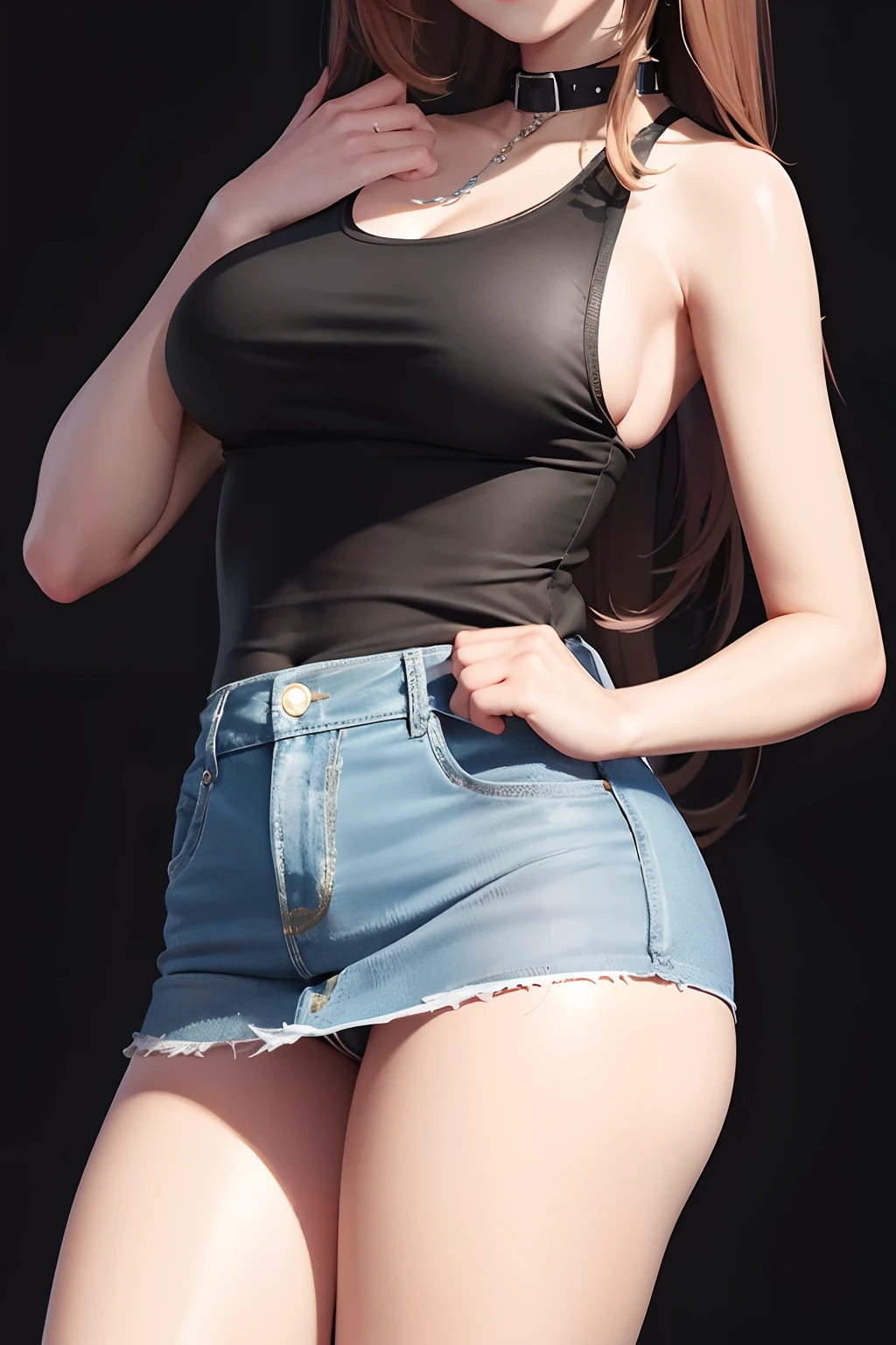 （（large full breasts、tomgirl、Head））、（the perfect body：1.1）、（longwavy hair：1.2）、Ahoge、reddish brown、collars、chain、bustup、Crowded city、Black tank top、jean jacket、（Short skirt）、（Very elaborate CG 8K wallpapers）、（extremely delicate and beautiful）、（​masterpiece）、（top-quality）:1.0)、(超A high resolution:1.0)、beautiful  lighting、perfect lightning bolt、realistic shadow、[hight resolution]、detailed skins、ultra-detailliert ((colourfull))