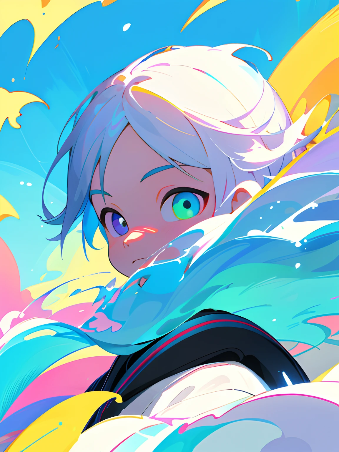 Making of Illustration Poster, Flat illustration, Colorful, Highly saturated, Contour light, Warm and bright, Colorful, HD 8K, colored light particles, Heterochromatic, male child, Upper body, Clear face, By the sea, Blue sky, white clouds, (Color: 1.5) , --v6