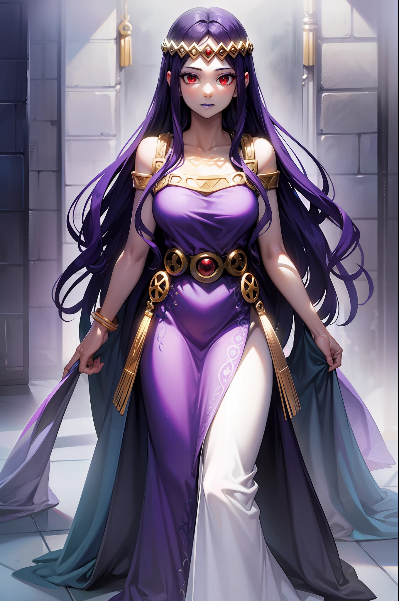 purple hair ,purple lips, tiara, red eyes full body